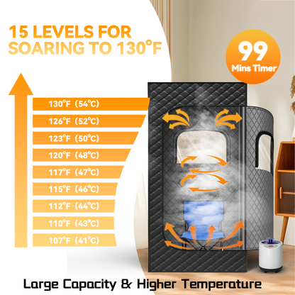 1-Person Portable Steam Sauna Tent with 3L 1200W Steamer, 15-Level Temperature, 99Min-Timer, Rapid Heating, Remote Control, Folding Chair, 71" x 32" x 32" ( Cotton, Black )