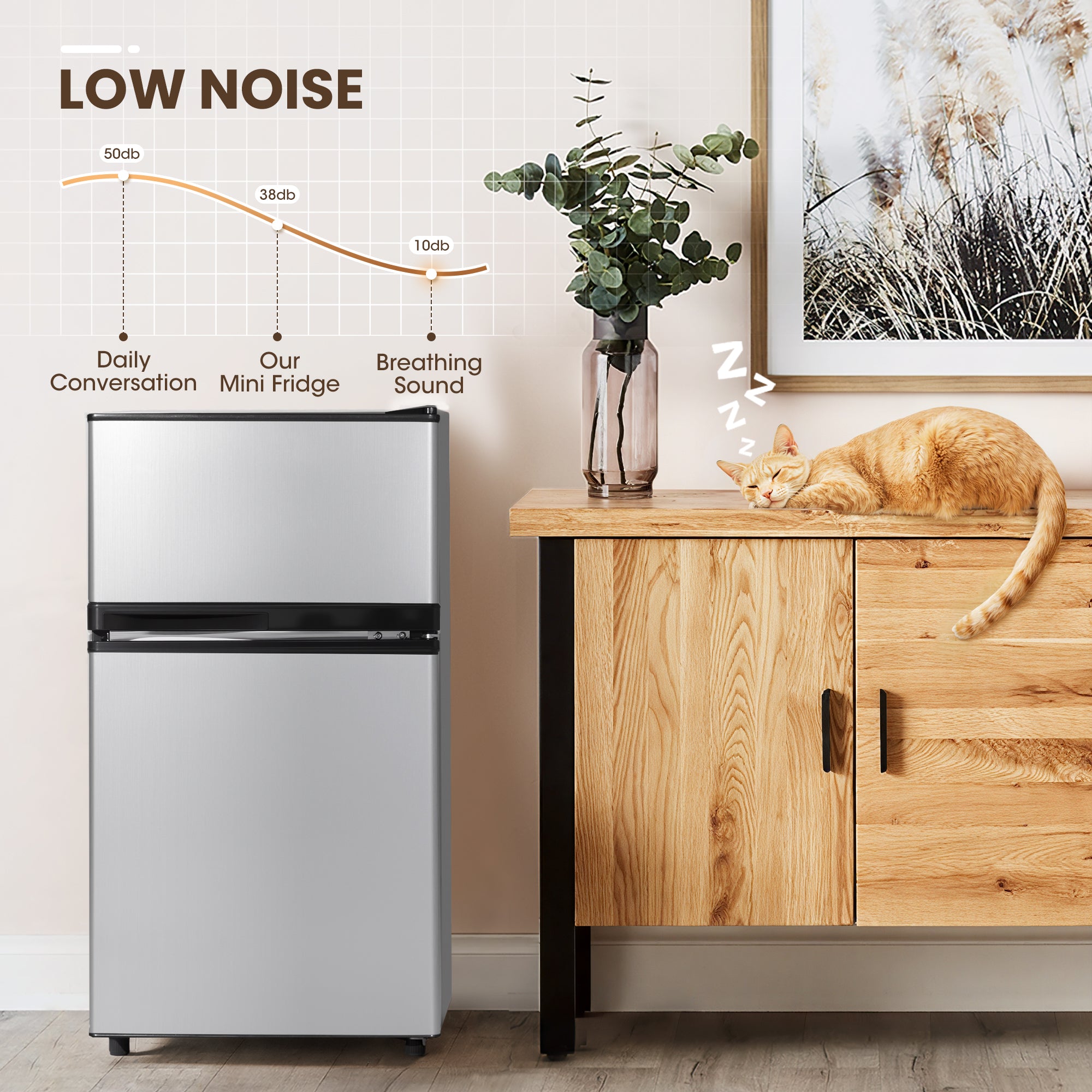 3.55 Cu.Ft Mini Fridge with Freezer, Dual-Door Compact Refrigerator for Office, Kitchen, Dorm & Bedroom, Adjustable Shelves,Matte Silver