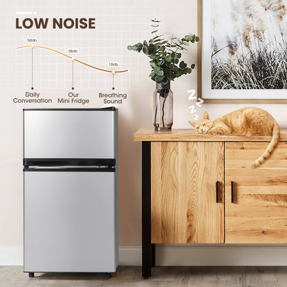 3.55 Cu.Ft Mini Fridge with Freezer, Dual-Door Compact Refrigerator for Office, Kitchen, Dorm & Bedroom, Adjustable Shelves,Matte Silver