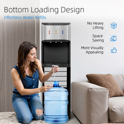 Manastin Bottom-Loading Water Dispenser, 3 Temperatures (Hot, Room and Cold), Child Safety Lock, LED Display with Empty Bottle Alert, Silver