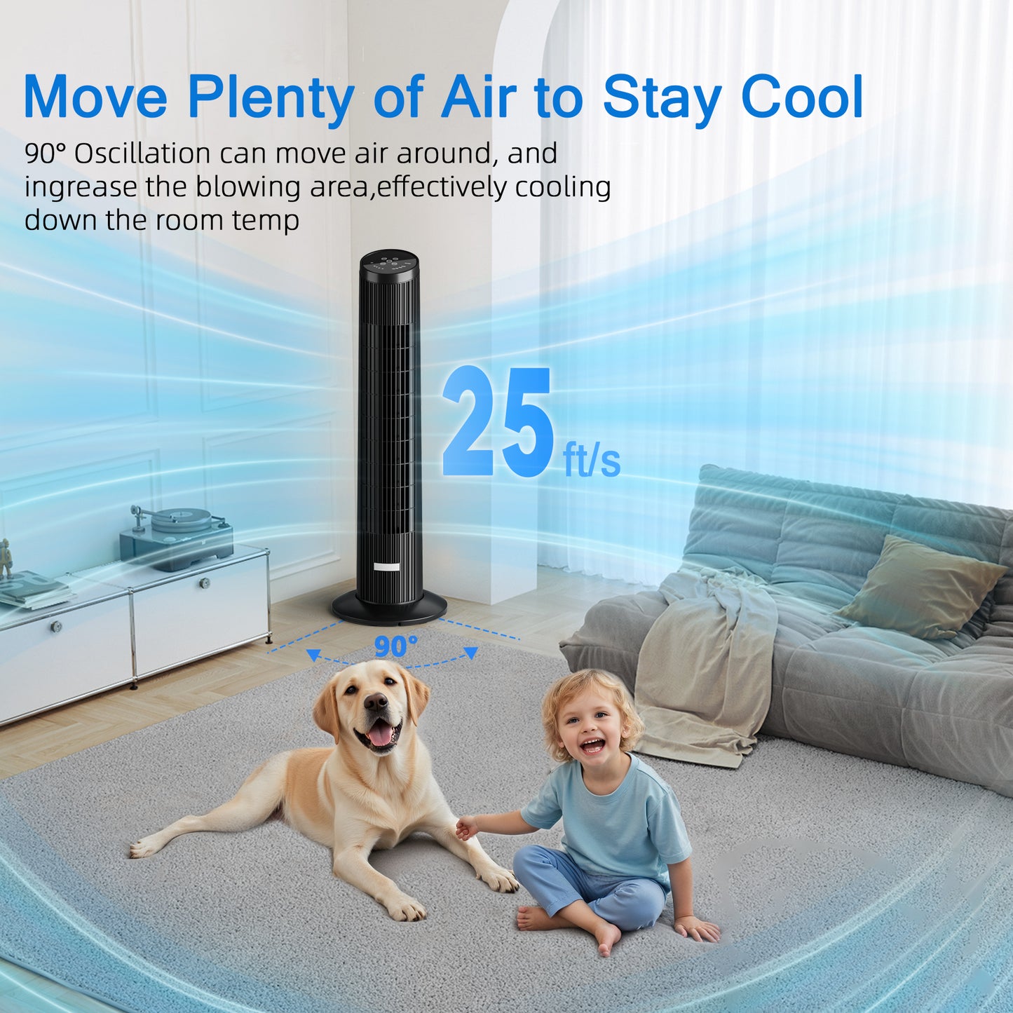 Manastin Smart Bladeless Fan with 3 Speeds 3 Modes, 90° Oscillating Tower Fan with Remote, 12H Timer, 25 ft/s, Standing Fans for Home Living Room, 25dB Quiet, Air Filter for Hair & Dust