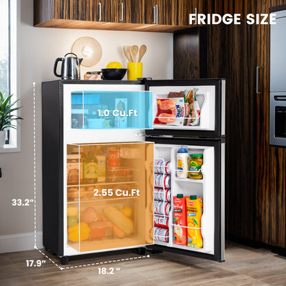 3.55 Cu.Ft Mini Fridge with Freezer, Dual-Door Compact Refrigerator for Office, Kitchen, Dorm & Bedroom, Adjustable Shelves, Silver