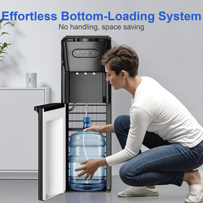 Manastin Bottom-Mounted Water Dispenser, 3 Temperatures (Hot, Cold, and Room), with Safety Lock, LED Lighting, Empty Bottle Alert, Black
