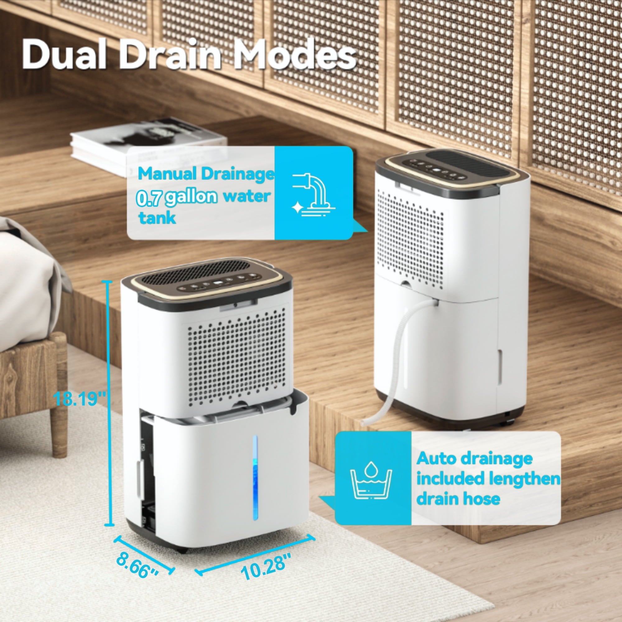 Manastin 30 pint dehumidifier for 2,500 sq. ft. with drain and 0.6 gallon tank for basement, bedroom, garage, bathroom