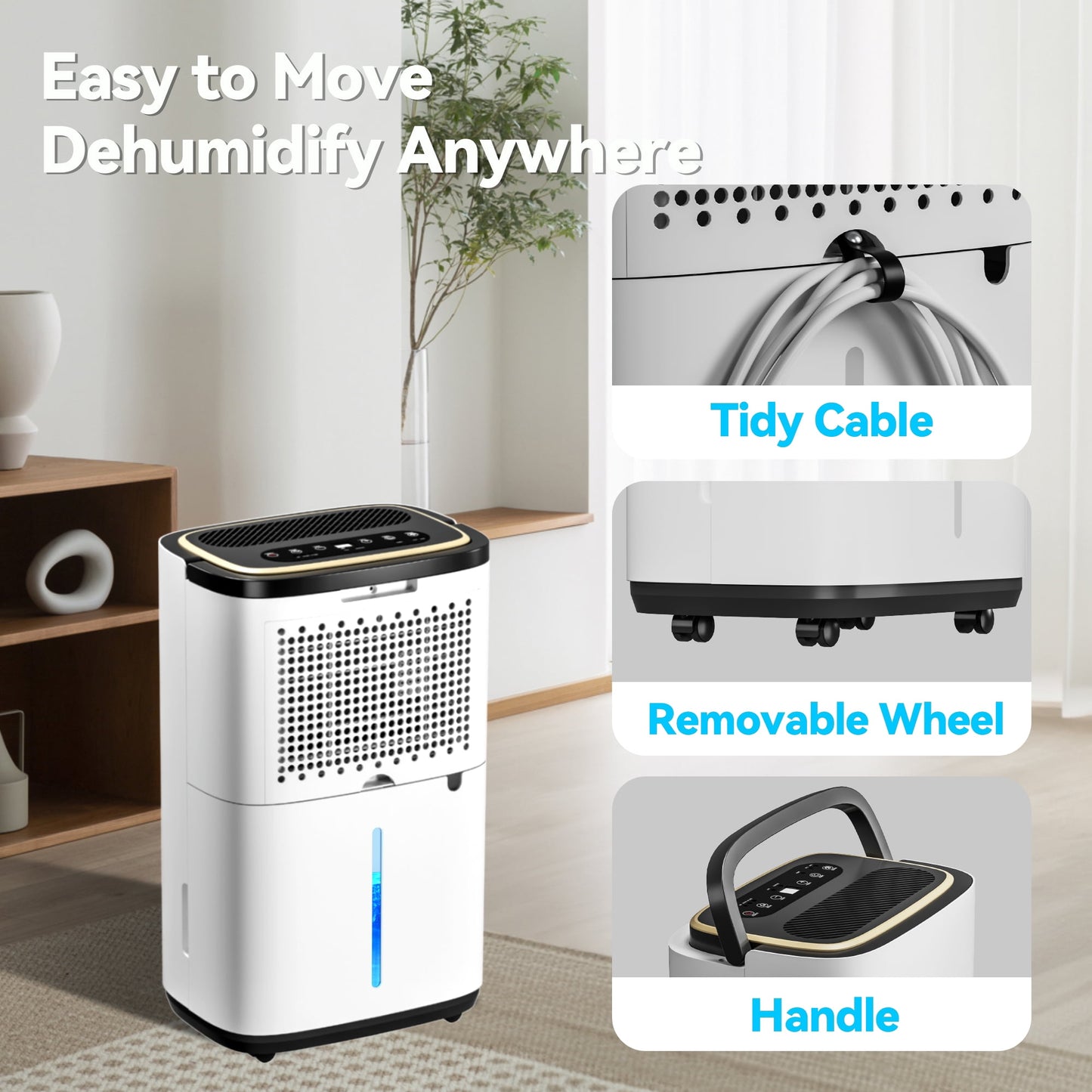 Manastin 30 pint dehumidifier for 2,500 sq. ft. with drain and 0.6 gallon tank for basement, bedroom, garage, bathroom