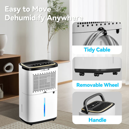Manastin 30 pint dehumidifier for 2,500 sq. ft. with drain and 0.6 gallon tank for basement, bedroom, garage, bathroom