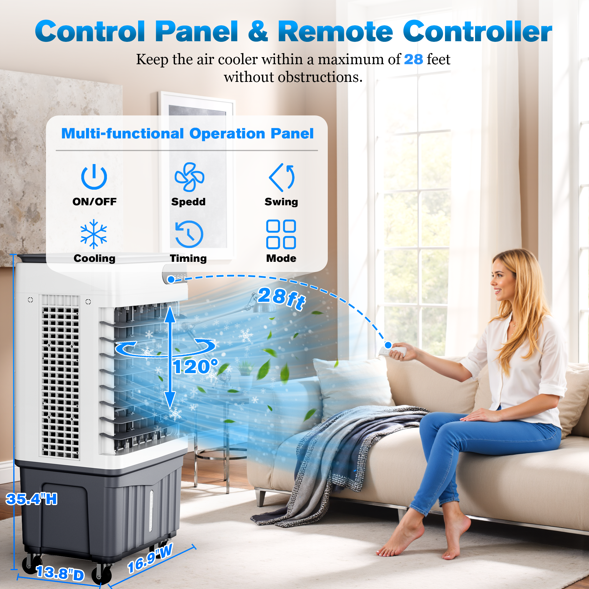 Swamp Cooler Air Conditioners, 4-IN-1 Portable Evaporative Cooler Cools Up to 600 Sq.Ft, Large 8.5Gal Tank for 24/7 Cooling, Low Noise Cooling Fan with Remote Control Fits for Large Rooms