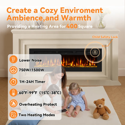 50-inch wall-mounted electric fireplace with multi-color flame, timer, low noise, touch screen and remote control