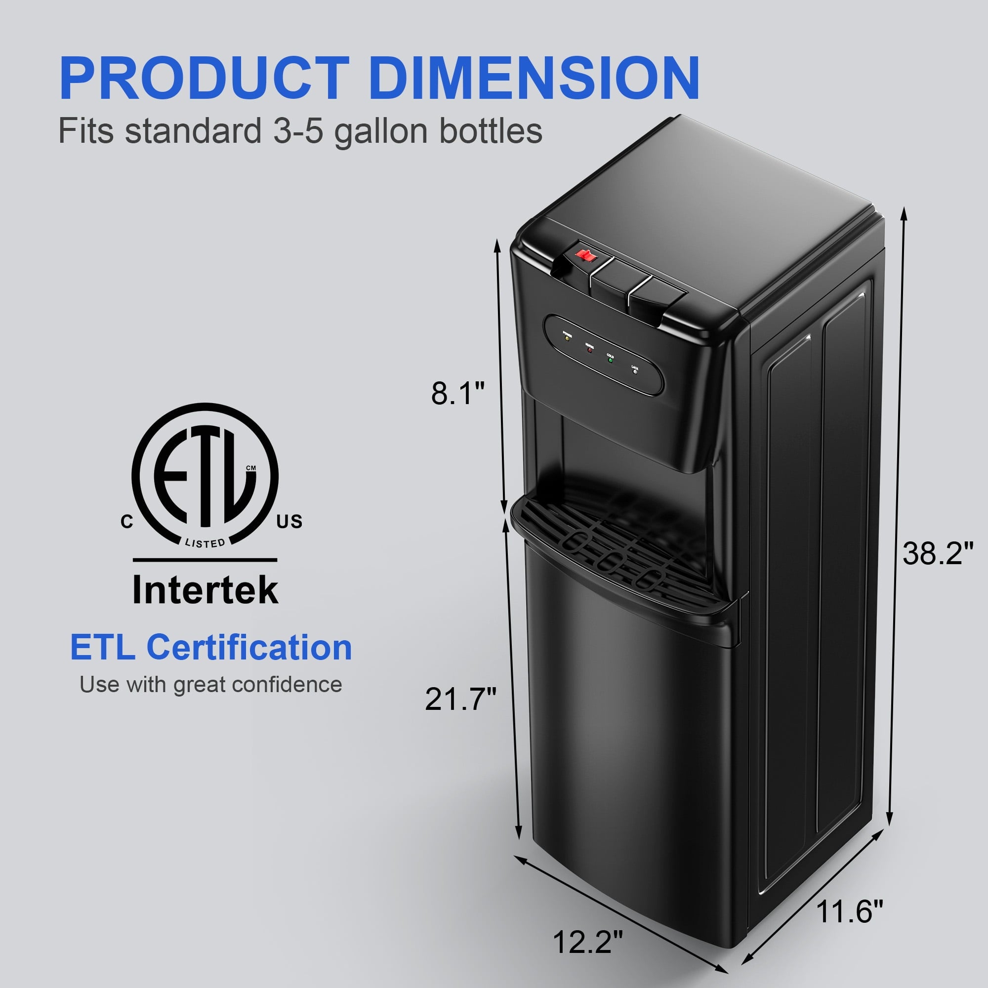 Manastin Bottom-Mounted Water Dispenser, 3 Temperatures (Hot, Cold, and Room), with Safety Lock, LED Lighting, Empty Bottle Alert, Black