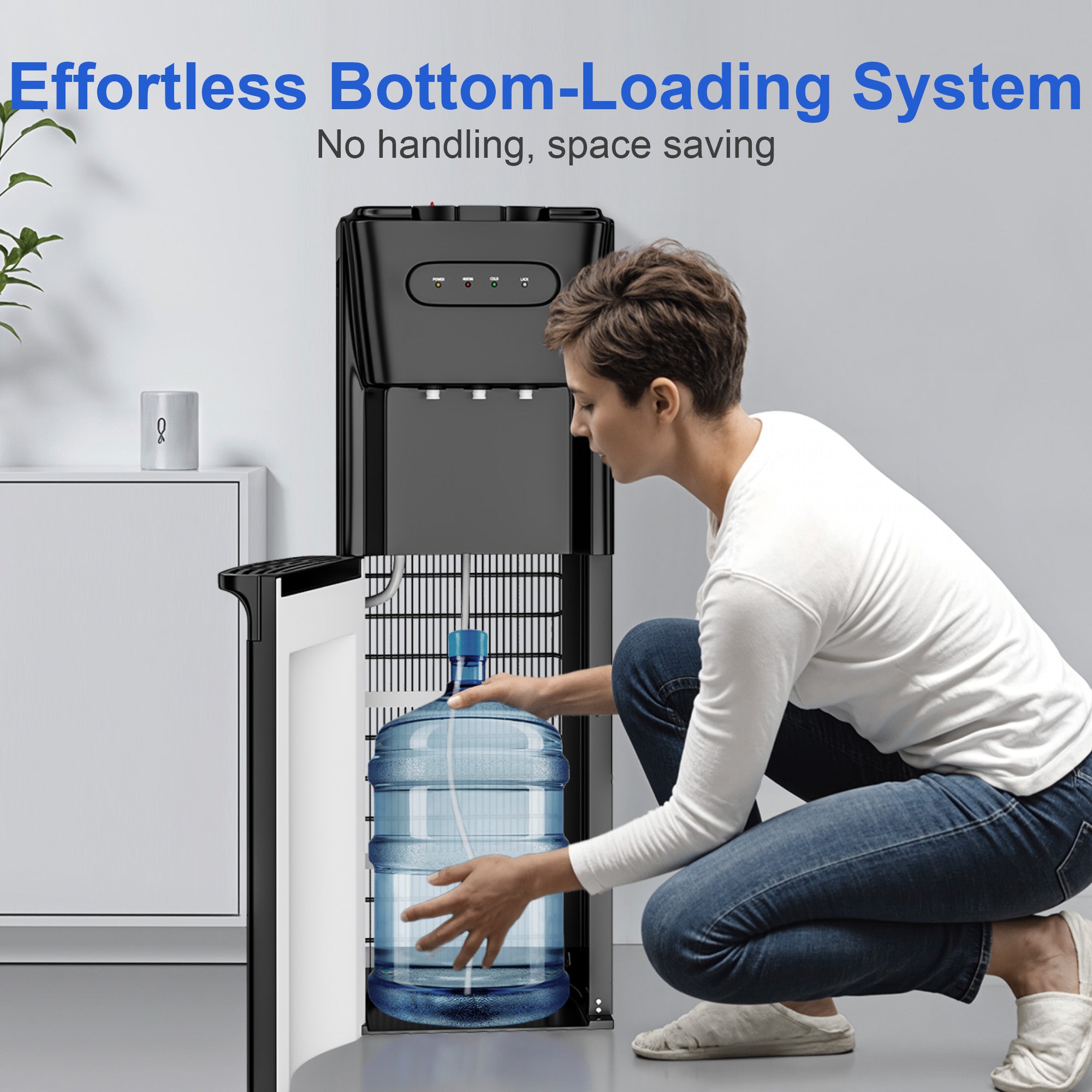 Manastin Bottom-Mounted Water Dispenser, 3 Temperatures (Hot, Cold, and Room), with Safety Lock, LED Lighting, Empty Bottle Alert, Black