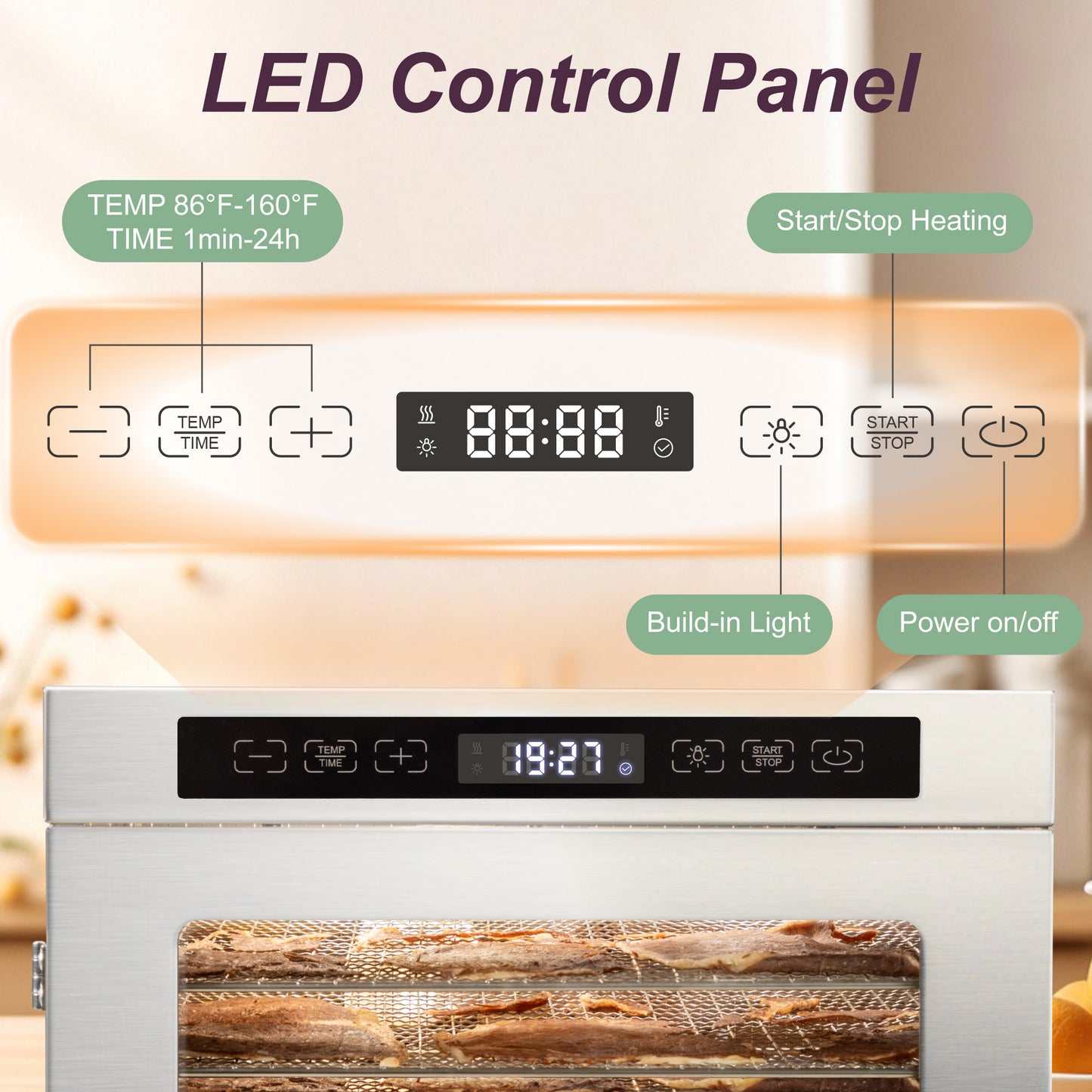 Manastin Food Dehydrator with 6 Stainless Steel Trays, Adjustable Temperature & 24-Hour Timer, Perfect for Drying Fruits, Meat, Herbs, Beef Jerky, and Snacks