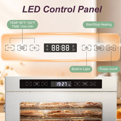 Manastin Food Dehydrator with 6 Stainless Steel Trays, Adjustable Temperature & 24-Hour Timer, Perfect for Drying Fruits, Meat, Herbs, Beef Jerky, and Snacks