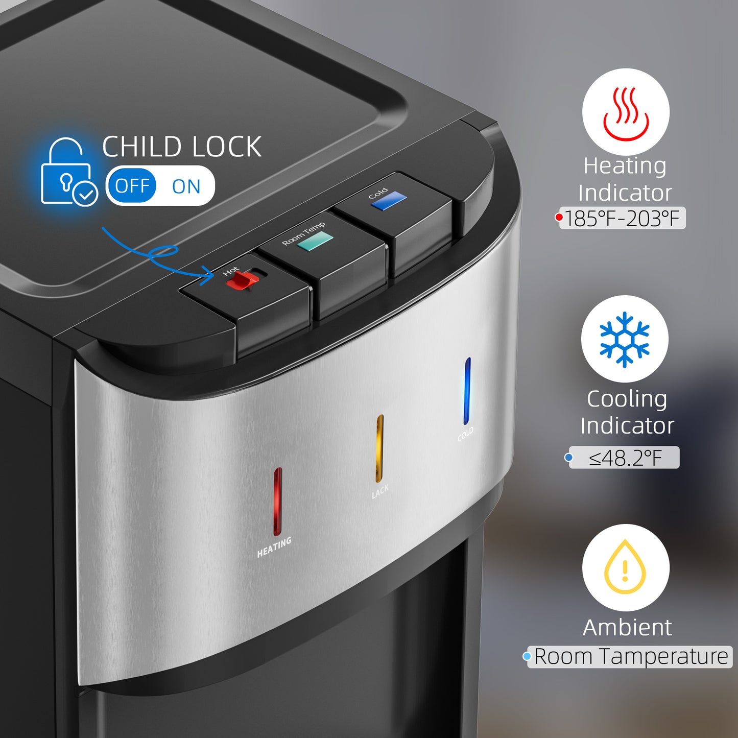 Manastin Bottom-Loading Water Dispenser, 3 Temperatures (Hot, Room and Cold), Child Safety Lock, LED Display with Empty Bottle Alert, Silver