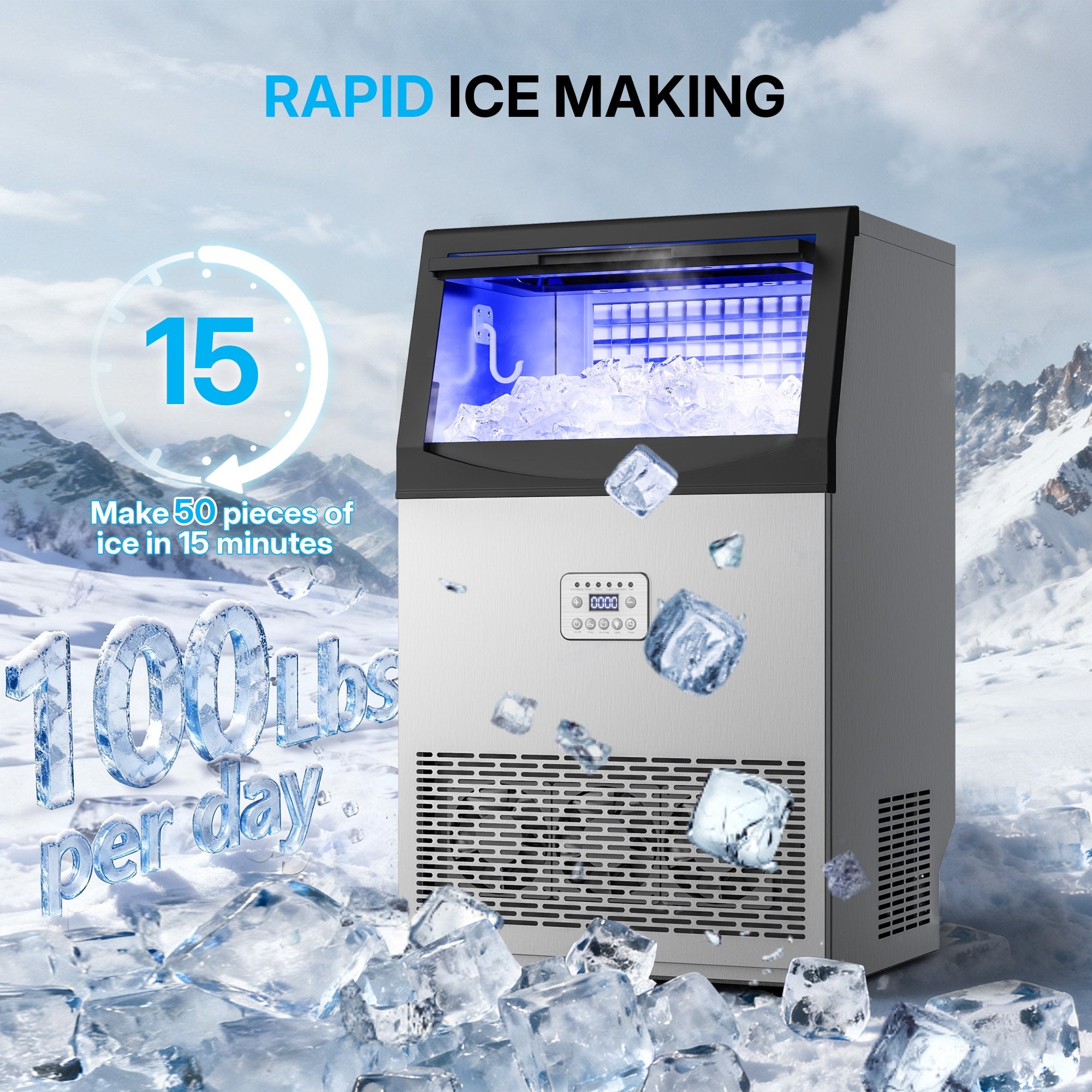 Manastin Commercial Ice Maker, 100Lbs/24H, 50 Ice Cubes, Stainless Steel Under Counter ice Machine, Self-Cleaning & Timer, for Home & Bar