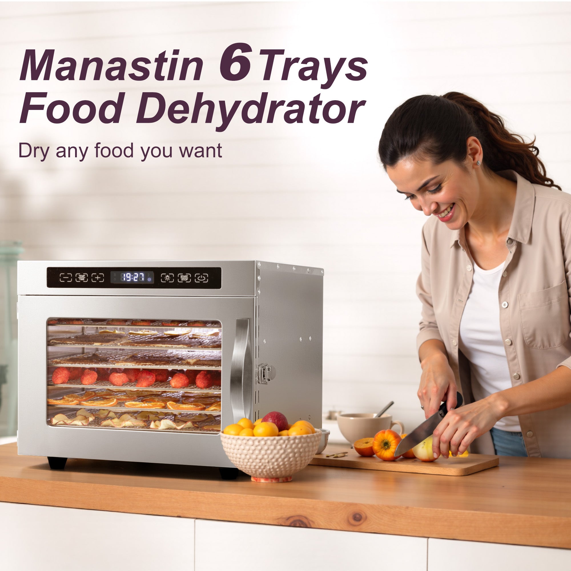 Manastin Food Dehydrator with 6 Stainless Steel Trays, Adjustable Temperature & 24-Hour Timer, Perfect for Drying Fruits, Meat, Herbs, Beef Jerky, and Snacks