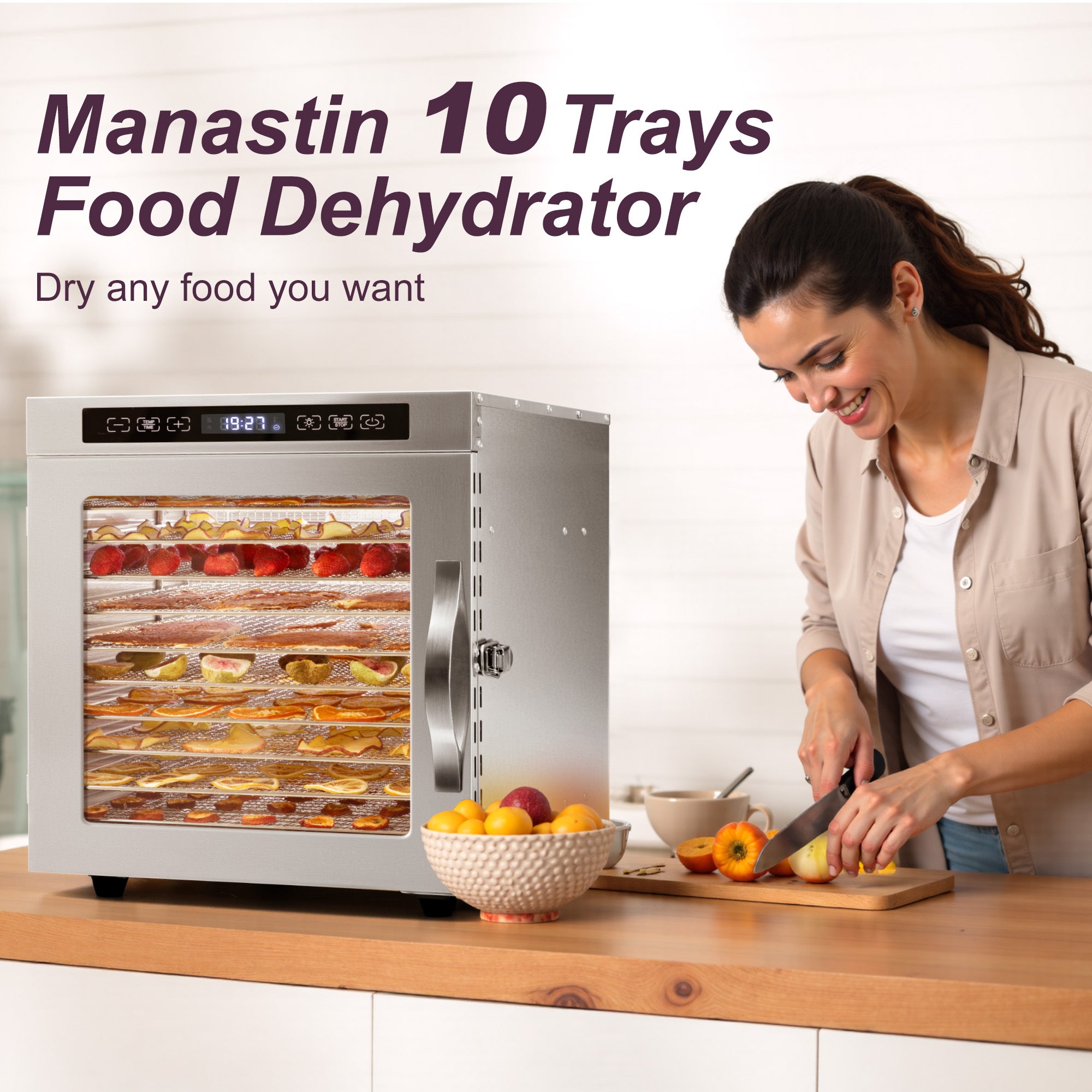 Manastin Food Dehydrator with 10 Stainless Steel Trays, Adjustable Temperature & 24-Hour Timer, Perfect for Drying Fruits, Meat, Herbs, Beef Jerky, and Snacks