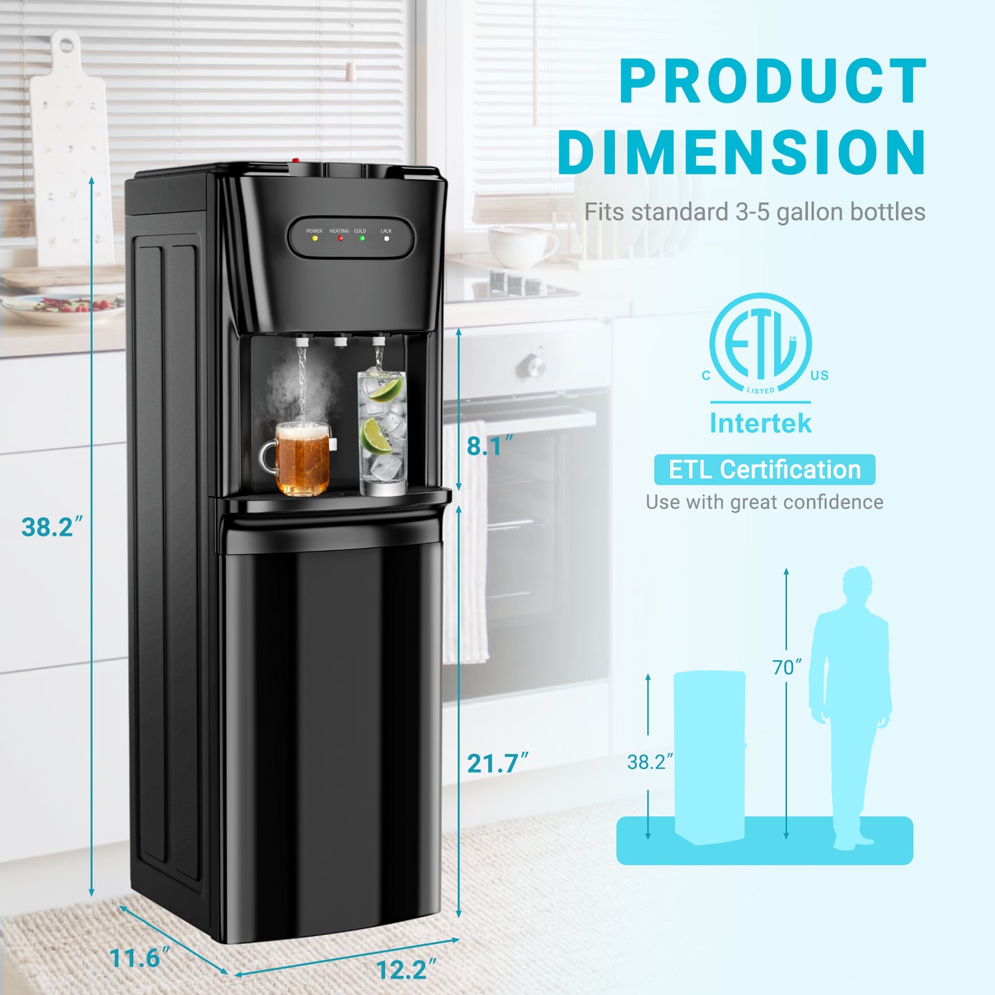 Manastin Bottom-Loading Water Dispenser, 3 Temperatures (Hot, Room and Cold), Child Safety Lock, LED Display with Empty Bottle Alert, Black