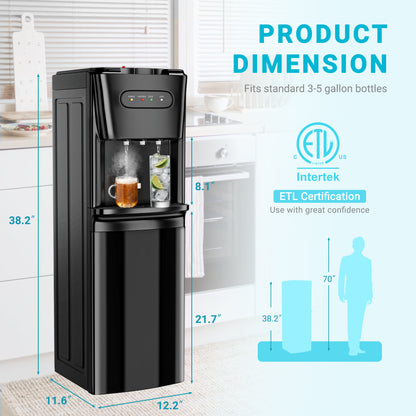 Manastin Bottom-Loading Water Dispenser, 3 Temperatures (Hot, Room and Cold), Child Safety Lock, LED Display with Empty Bottle Alert, Black