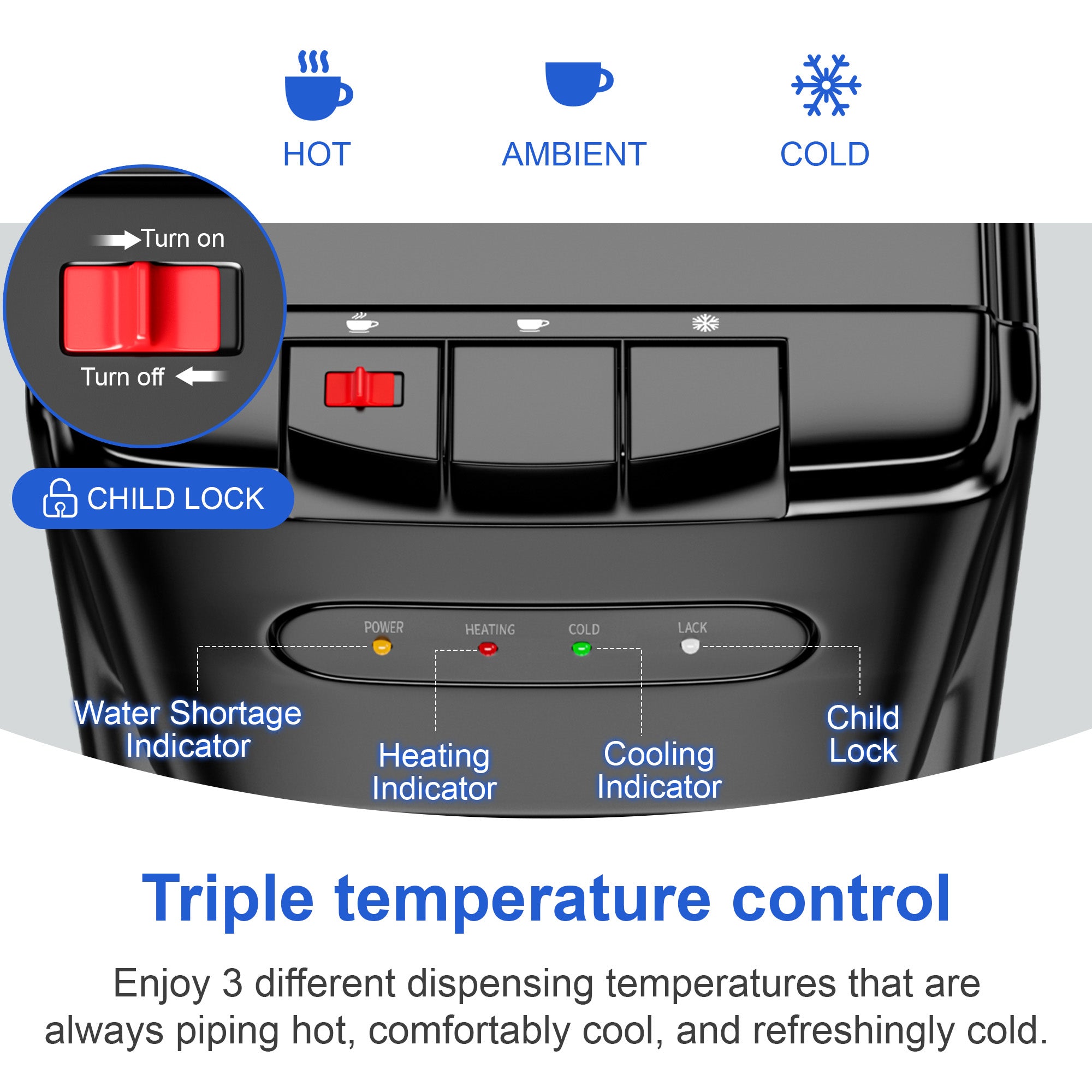 Manastin Bottom-Mounted Water Dispenser, 3 Temperatures (Hot, Cold, and Room), with Safety Lock, LED Lighting, Empty Bottle Alert, Black