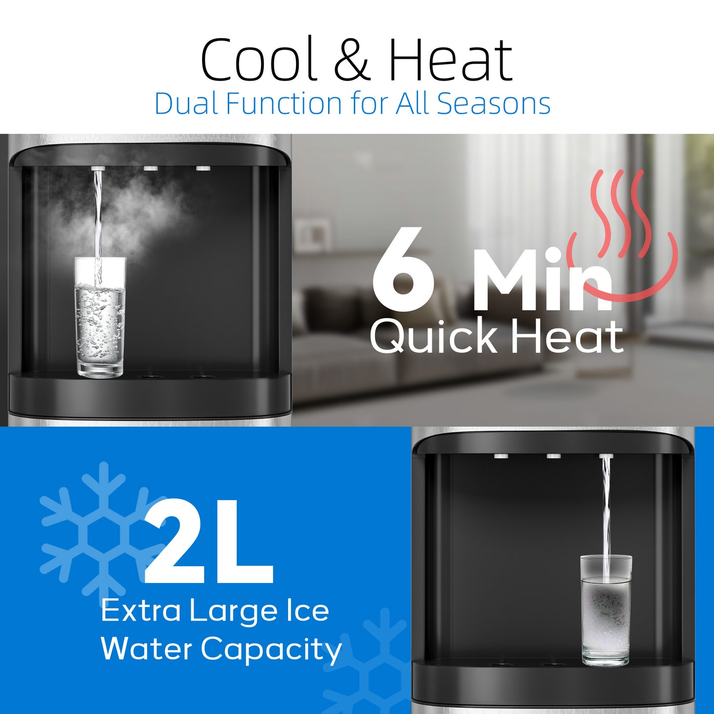Manastin Bottom-Loading Water Dispenser, 3 Temperatures (Hot, Room and Cold), Child Safety Lock, LED Display with Empty Bottle Alert, Silver