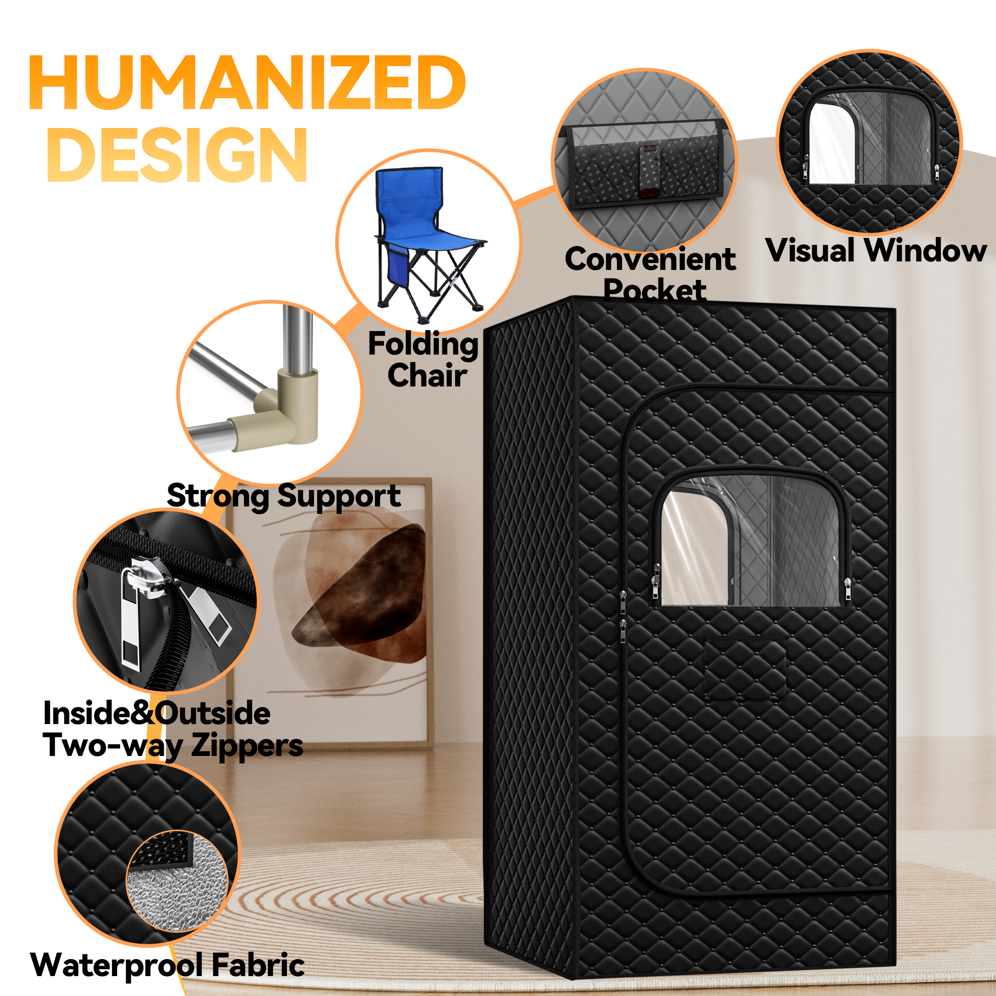 1-Person Portable Steam Sauna Tent with 3L 1200W Steamer, 15-Level Temperature, 99Min-Timer, Rapid Heating, Remote Control, Folding Chair, 71" x 32" x 32" ( Cotton, Black )