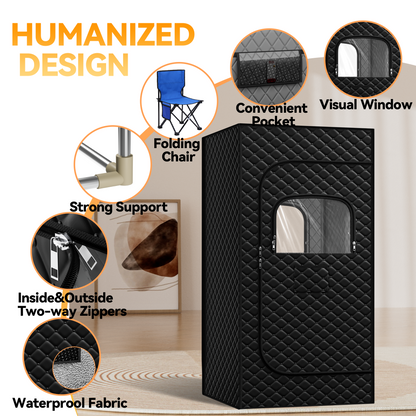 1-Person Portable Steam Sauna Tent with 3L 1200W Steamer, 15-Level Temperature, 99Min-Timer, Rapid Heating, Remote Control, Folding Chair, 71" x 32" x 32" ( Cotton, Black )