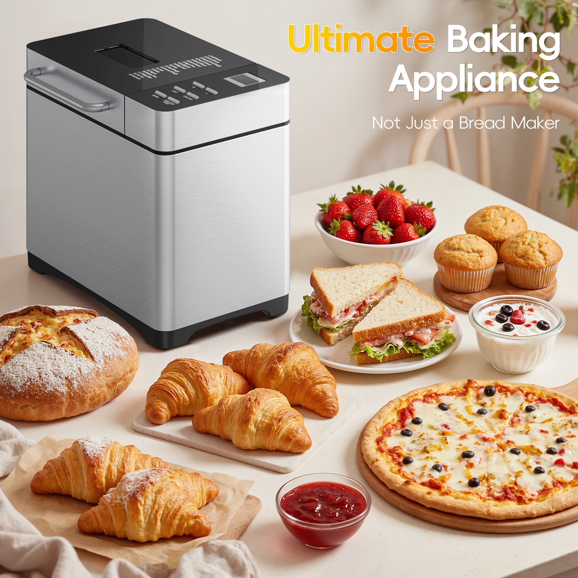 19-in-1 Bread Maker Machine with Reservation Function, 2LB Stainless Steel Automatic Bread Maker with Recipes & 1 H Keep,Silver