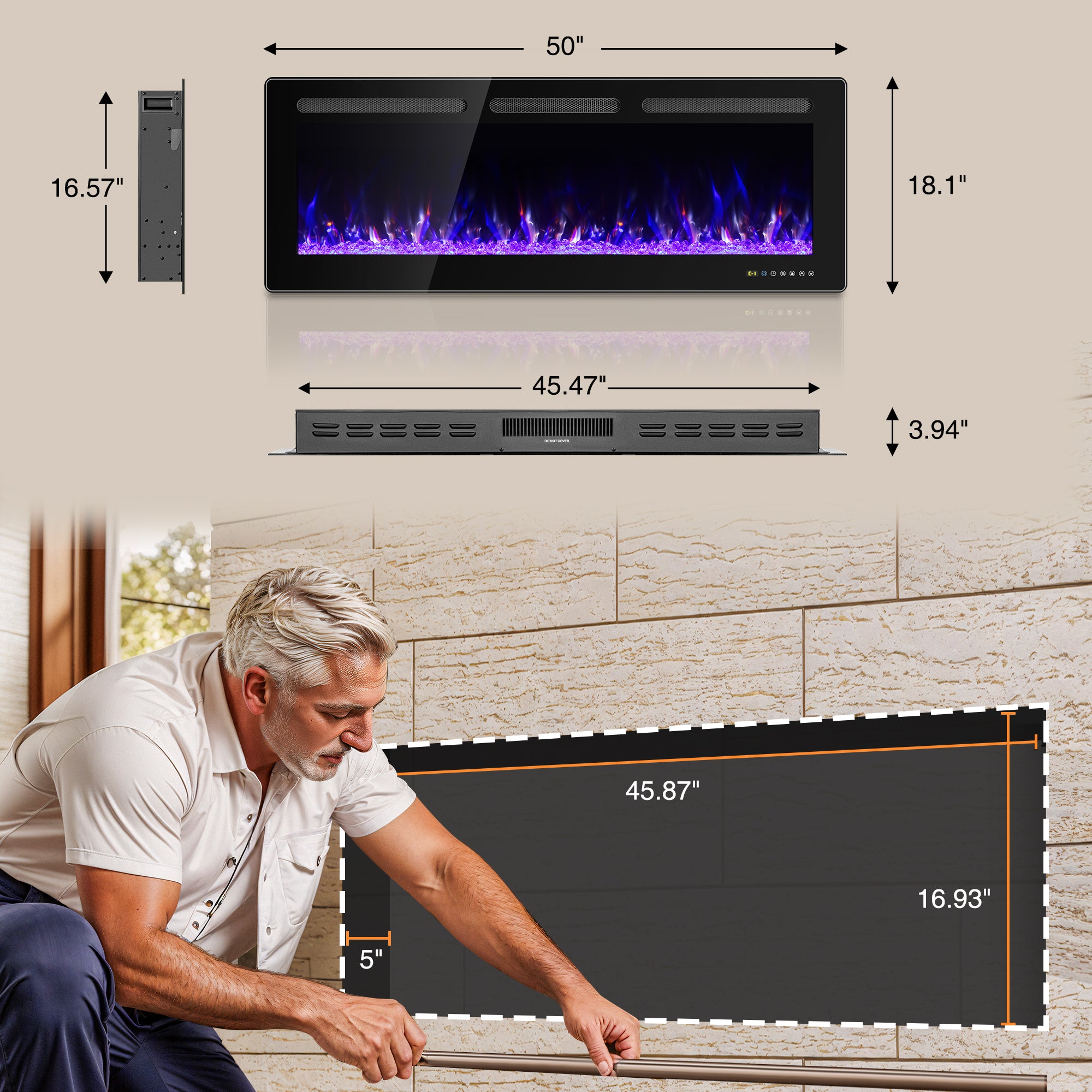 Manastin 50” Electric Fireplace Recessed and Wall Mounted Ultra-Thin Fireplace Heater Silence Linear Fireplace w/Timer, Multicolor Flame & Crystal, 750W/1500W,Touch Screen & Remote Control