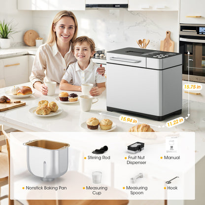 Manastin 19-in-1 & 2LB Stainless Steel Bread Maker Machine Fully Automatic LCD Display, Reservation Function with Recipes Recommended