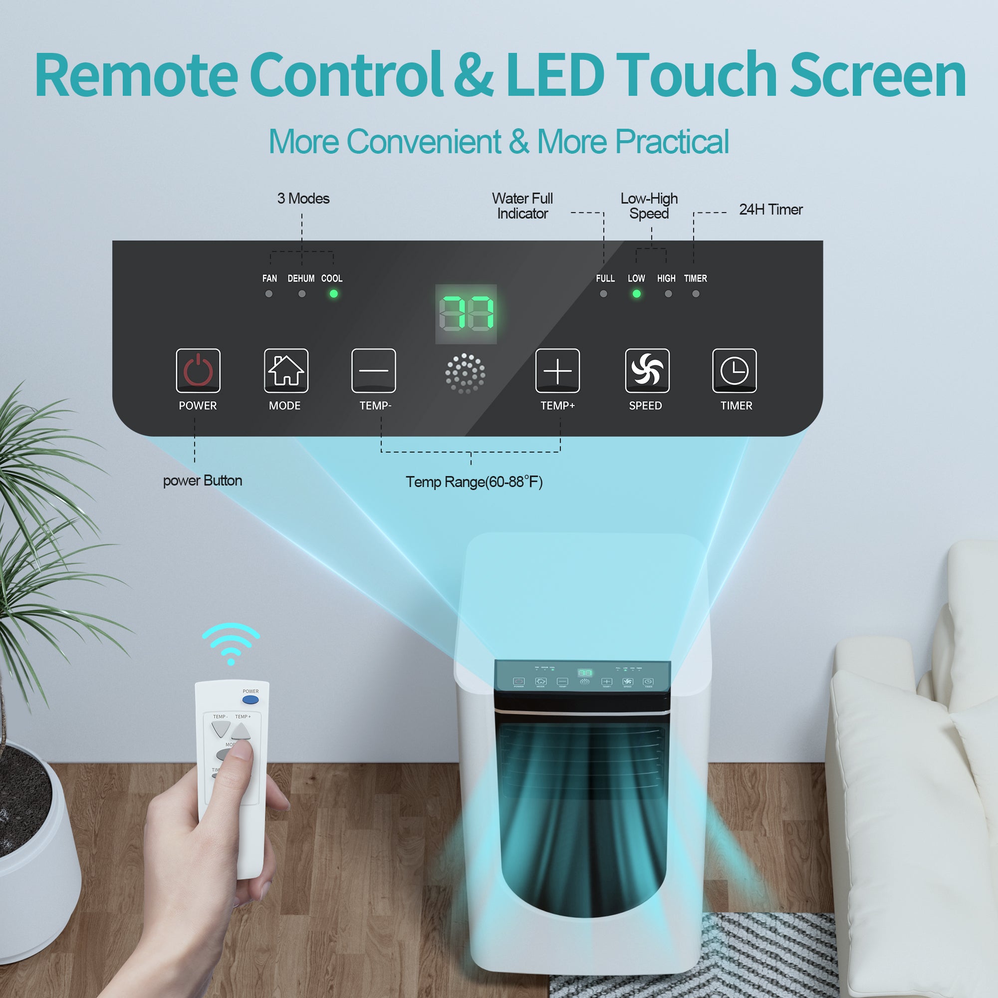 Portable Air Conditioner, 8000 BTU Air Conditioner Portable for Room Up to 350 Sq. Ft, Remote Control, 24H Timer, Air Cooling Unit 3-in-1 as Cooler Dehumidifier Fan, Window Kit Included