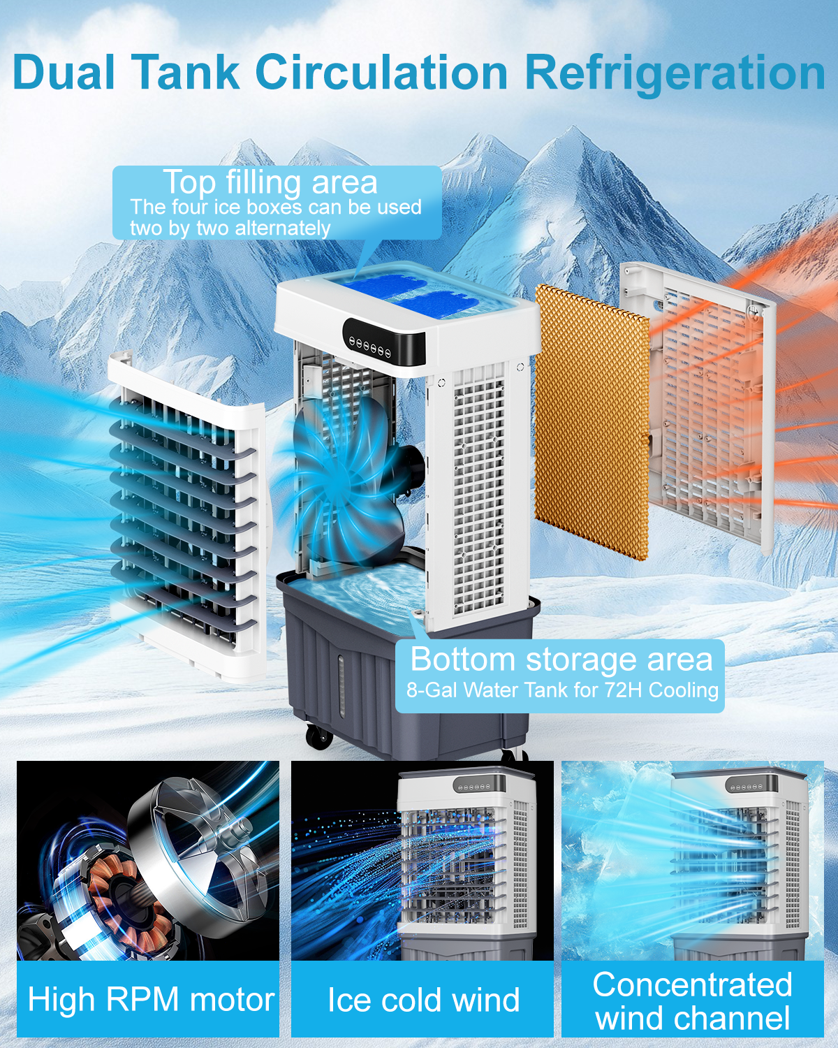 Swamp Cooler Air Conditioners, 4-IN-1 Portable Evaporative Cooler Cools Up to 600 Sq.Ft, Large 8.5Gal Tank for 24/7 Cooling, Low Noise Cooling Fan with Remote Control Fits for Large Rooms