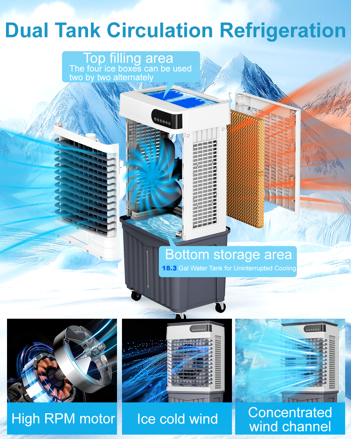 Swamp Cooler Air Conditioners, 4-IN-1 Portable Evaporative Cooler Cools Up to 1500 Sq.Ft, Large 18.5Gal Tank for 24/7 Cooling, Low Noise Cooling Fan with Remote Control Fits for Large Rooms