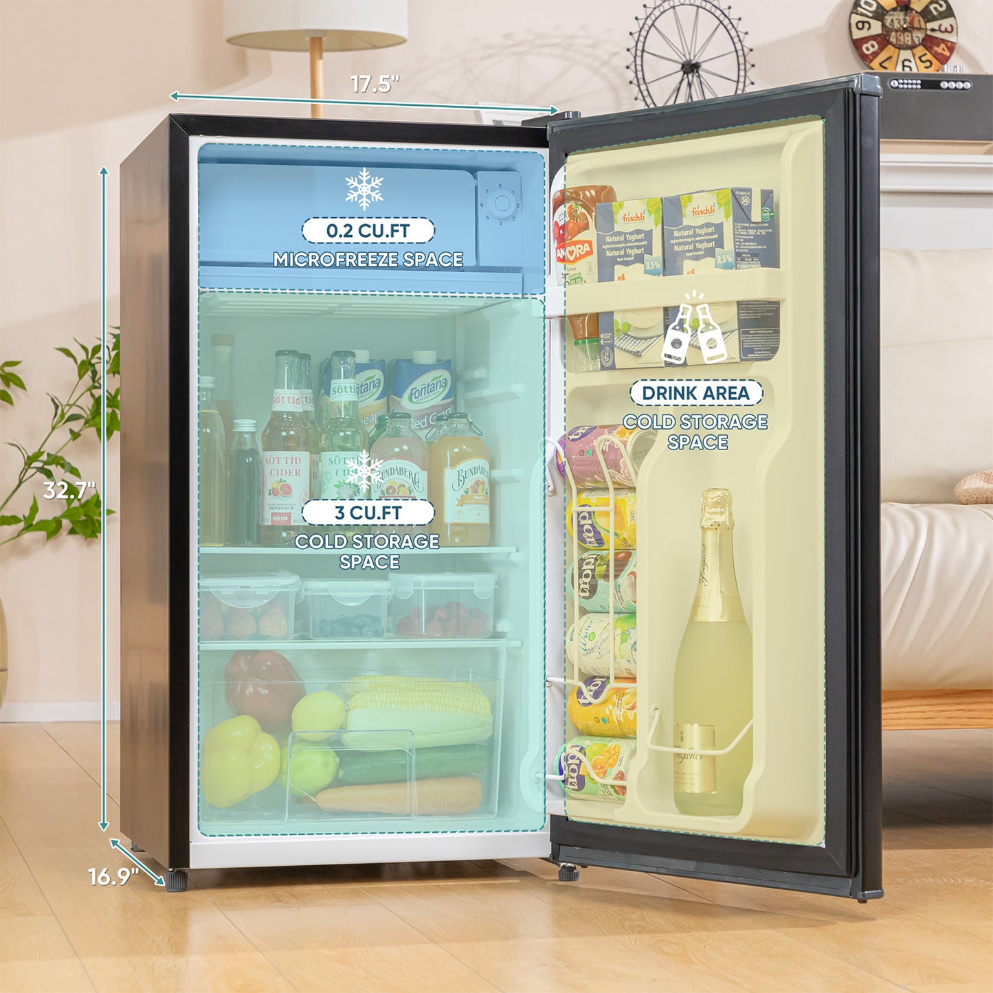 Manastin 3.2 Cu.ft Mini Fridge Energy Saving Compact Refrigerator with Reversible Door, Piano Black