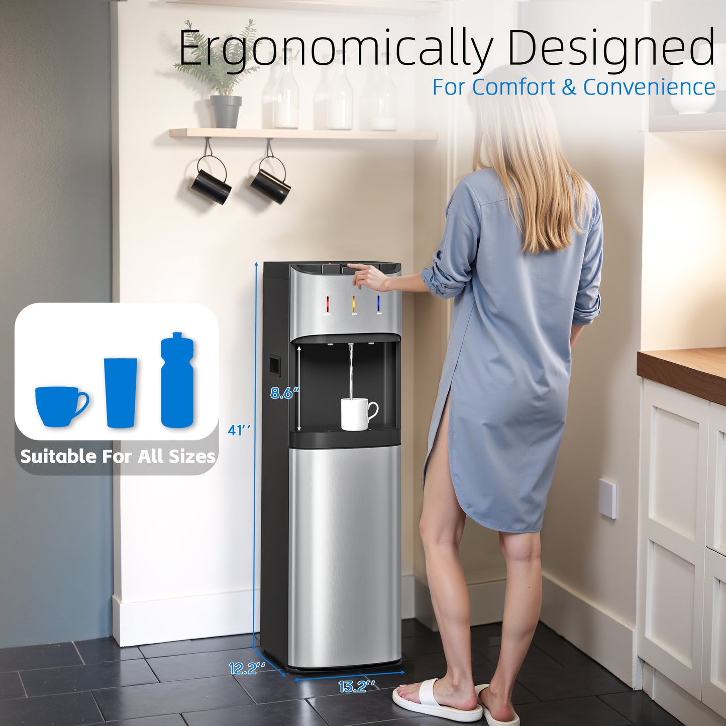 Manastin Bottom-Loading Water Dispenser, 3 Temperatures (Hot, Room and Cold), Child Safety Lock, LED Display with Empty Bottle Alert, Silver