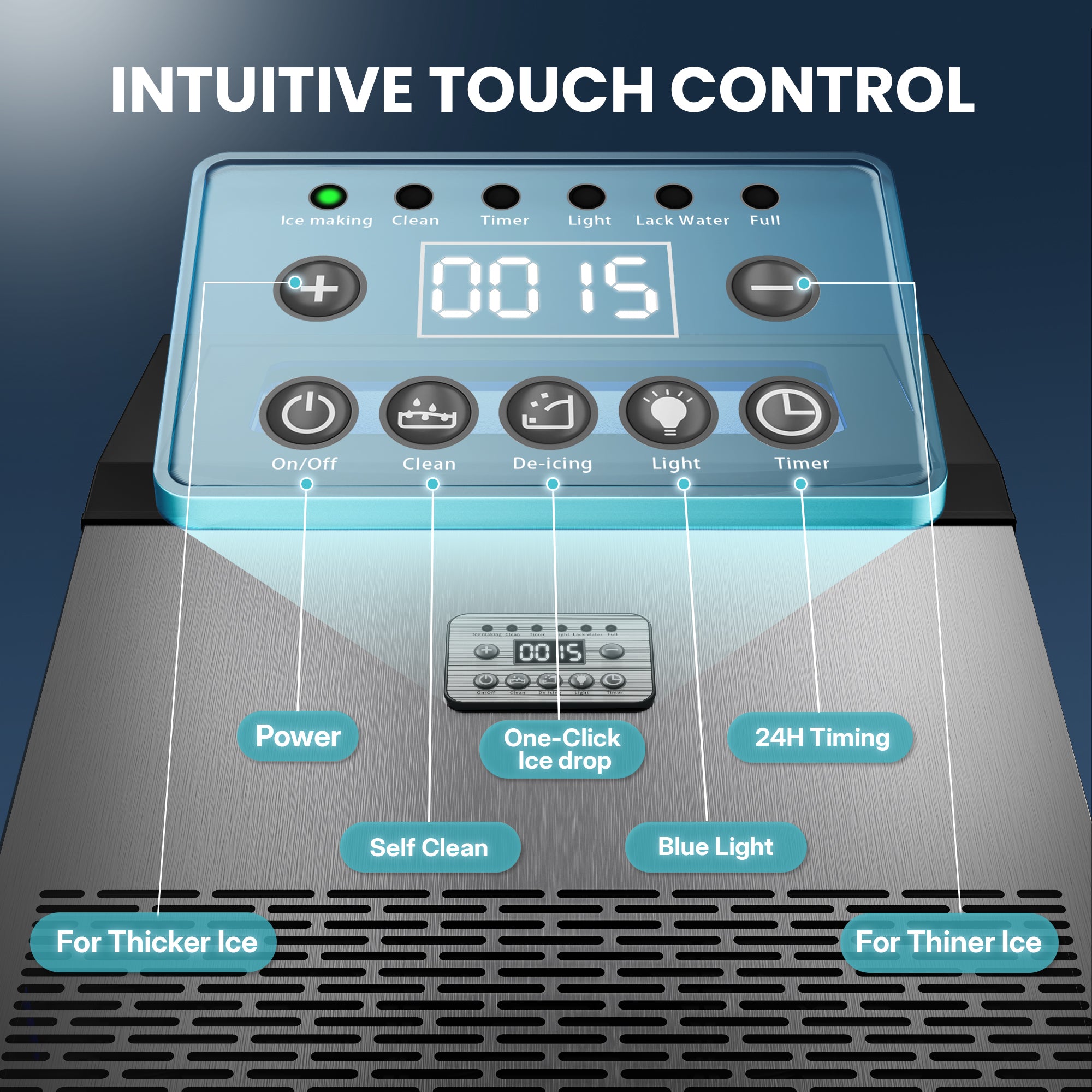 Manastin Commercial Ice Maker, 100lbs/24H Large Ice Machine with 33lbs Storage Capacity, Under Counter Ice Maker with Water Filter, for Home & Bar, Self-Cleaning, Timer, 50 Ice Cubes/15 Mins