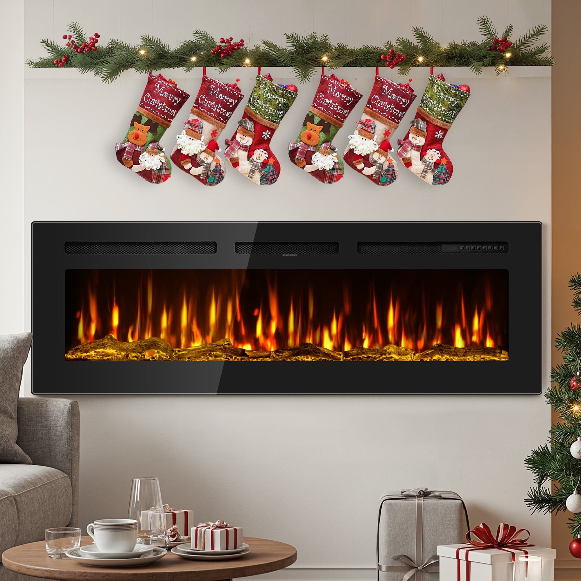 60-inch wall-mounted electric fireplace with multi-color flame, timer, low noise, touch screen and remote control