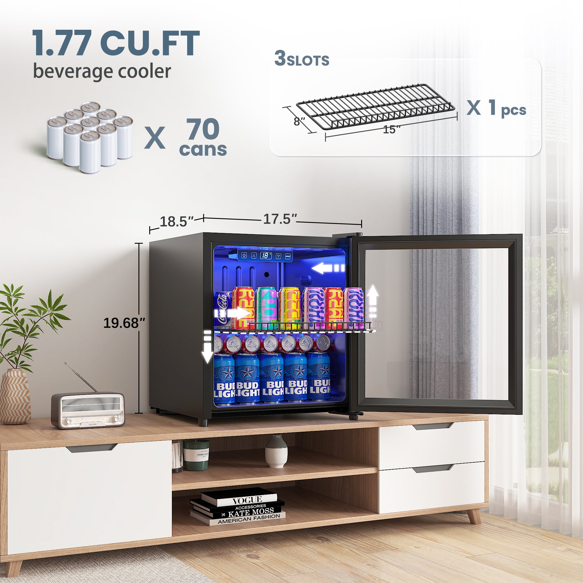 Manastin 65 Can Beverage Refrigerator Cooler 1.76 Cu.ft Mini Fridge with Glass Door & Adjustable Shelves, Perfect for Home, Office or Bar