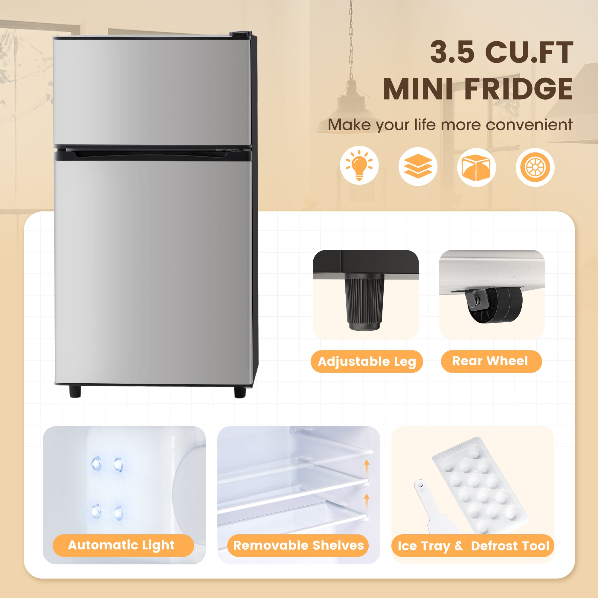 Manastin 3.5 Cu.Ft 2-Door Mini Fridge with Freezer, Compact Refrigerator with 7-Level Adjustable Thermostat for Dorm, Office, Kitchen, Apartment & Living Room (Silver)