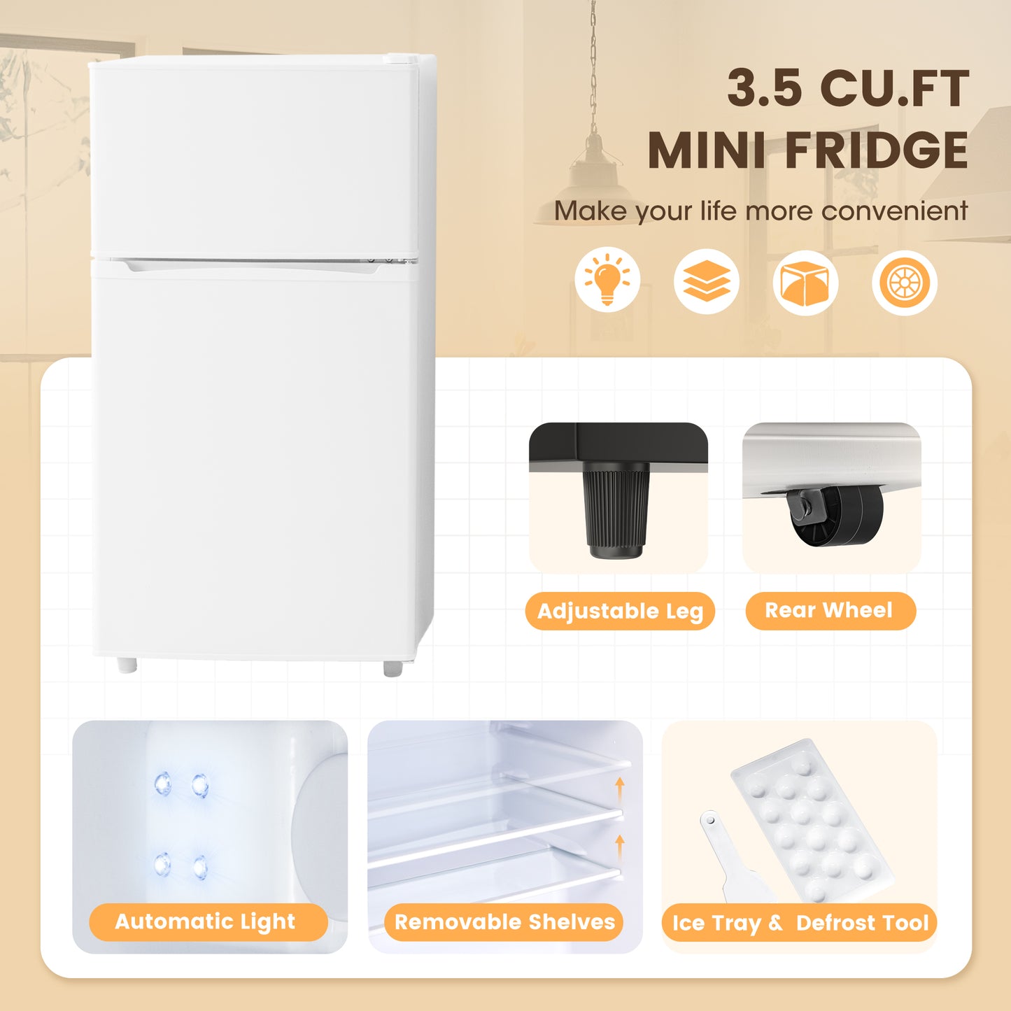 Manastin 3.5 Cu.Ft Mini Fridge with Freezer, Adjustable Thermostat, Low Noise, Removable Glass Shelves, 2 Door Small Refrigerator for Kitchen, Dorm, Office, Bedroom,White