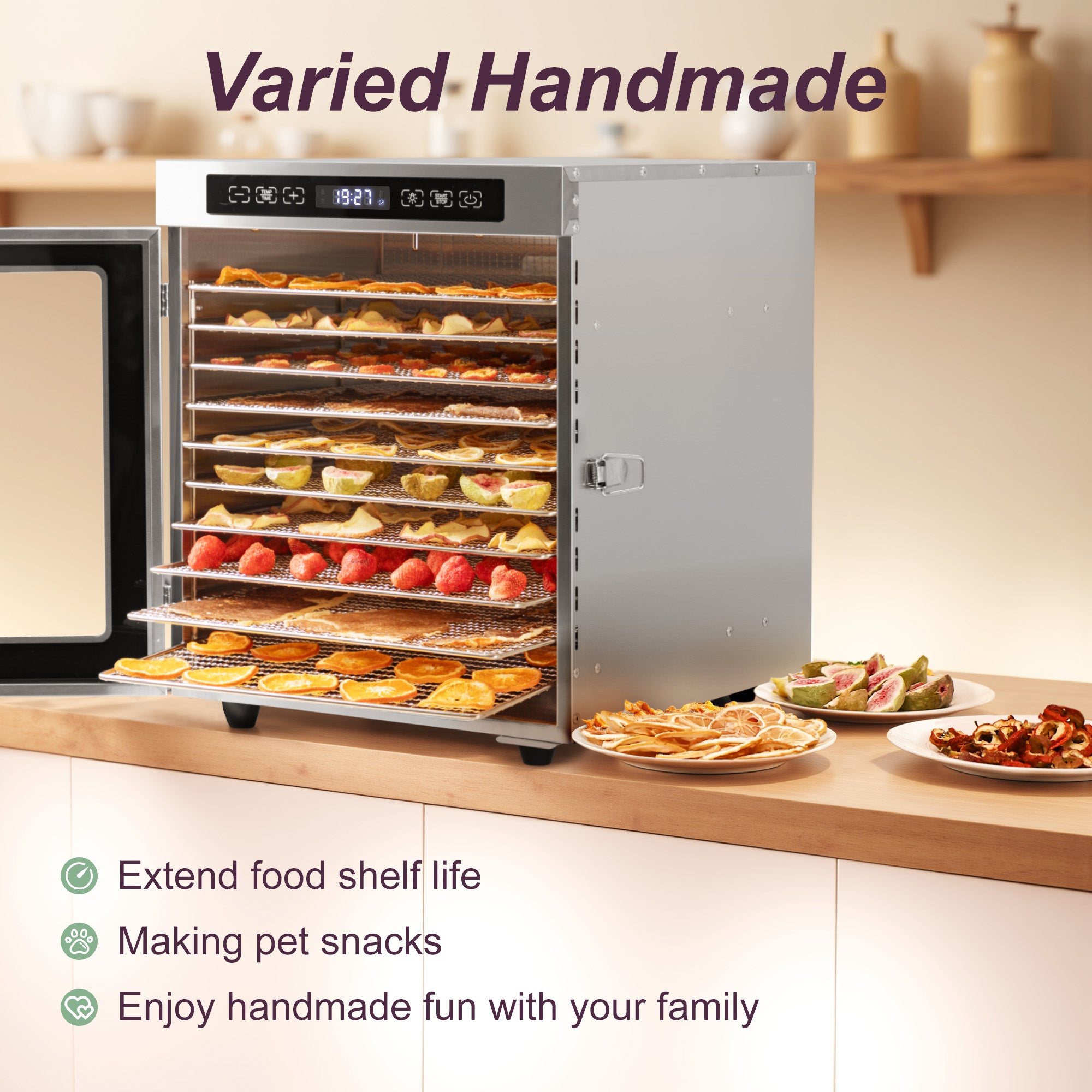 Manastin Food Dehydrator with 10 Stainless Steel Trays, Adjustable Temperature & 24-Hour Timer, Perfect for Drying Fruits, Meat, Herbs, Beef Jerky, and Snacks