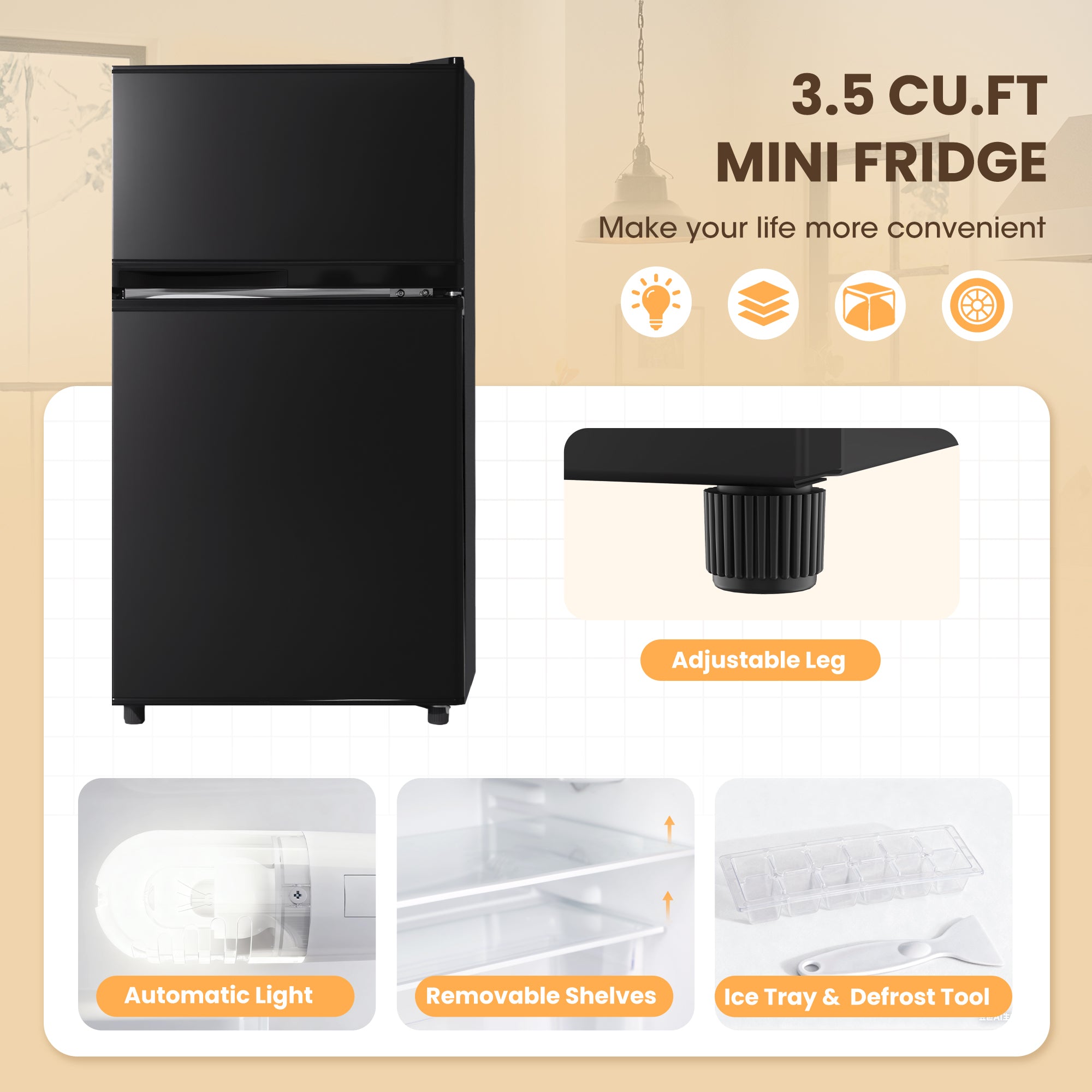 3.55 Cu.Ft Mini Fridge with Freezer, Dual-Door Compact Refrigerator for Office, Kitchen, Dorm & Bedroom, Adjustable Shelves,Jet Black