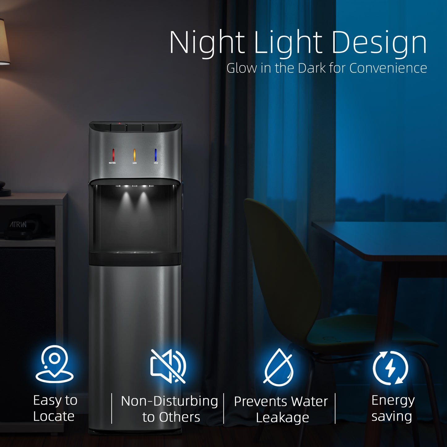 Manastin Bottom-Loading Water Dispenser, 3 Temperatures (Hot, Room and Cold), Child Safety Lock, LED Display with Empty Bottle Alert, Silver
