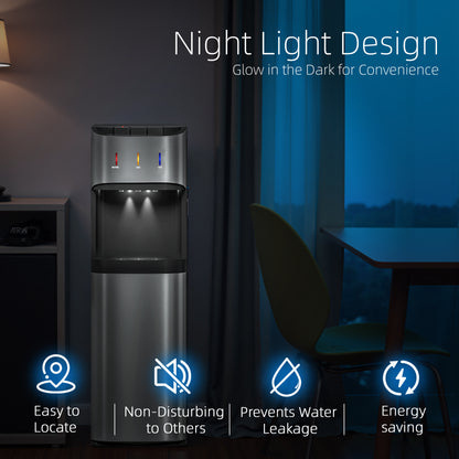 Manastin Bottom-Loading Water Dispenser, 3 Temperatures (Hot, Room and Cold), Child Safety Lock, LED Display with Empty Bottle Alert, Silver