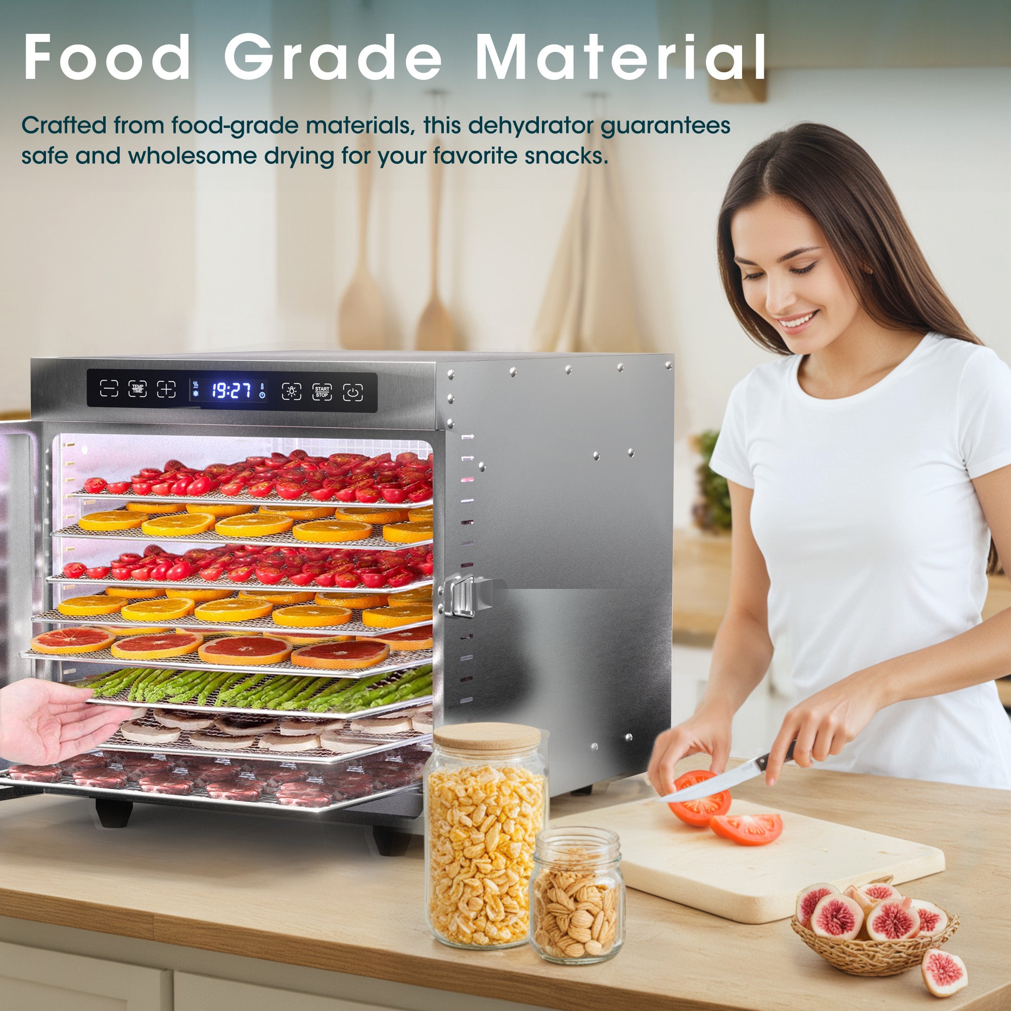 Manastin Food Dehydrator with 8 Stainless Steel Trays, Adjustable Temperature & 24-Hour Timer, Perfect for Drying Fruits, Meat, Herbs, Beef Jerky, and Snacks