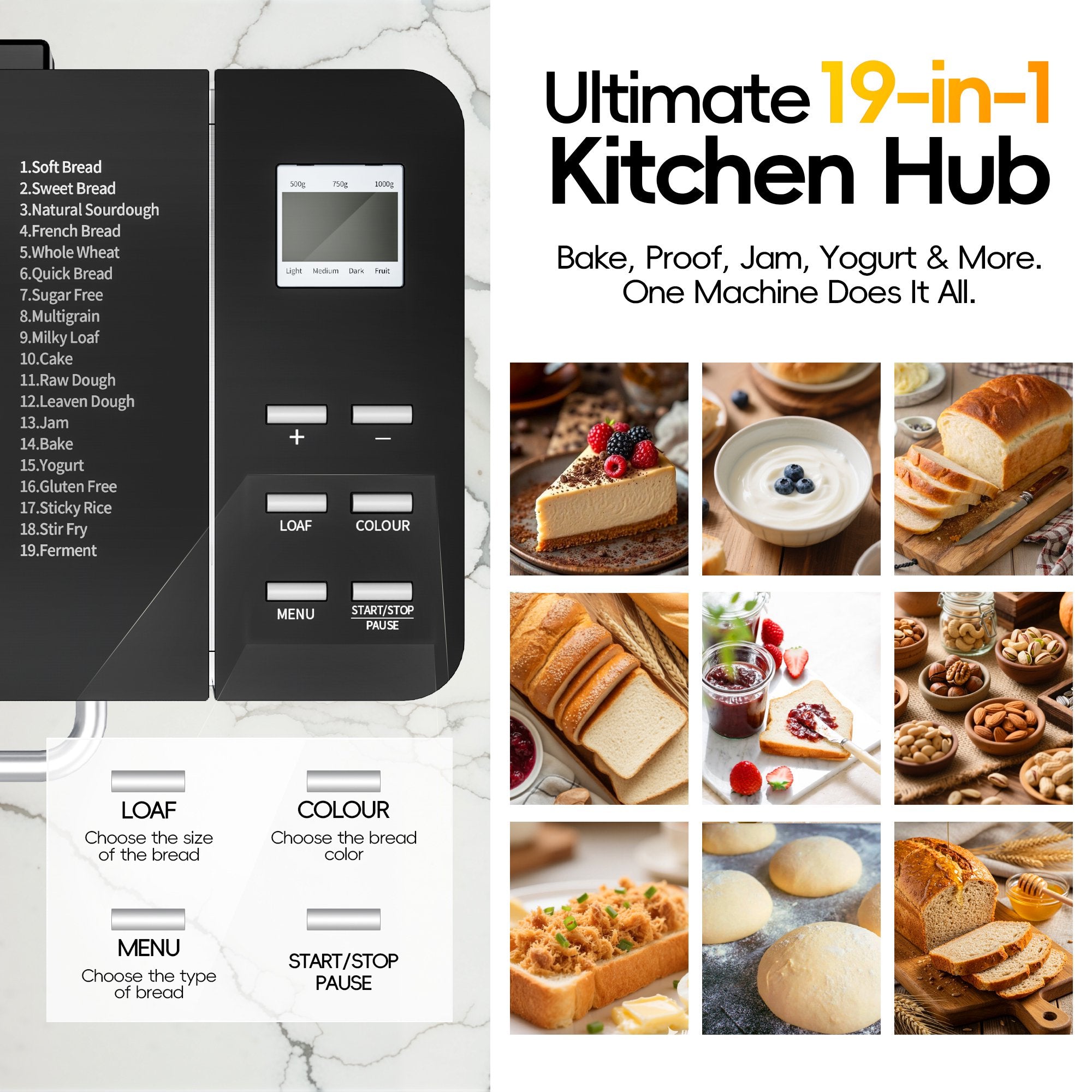 19-in-1 Bread Maker Machine with Reservation Function, 2LB Stainless Steel Automatic Bread Maker with Recipes & 1 H Keep,Silver