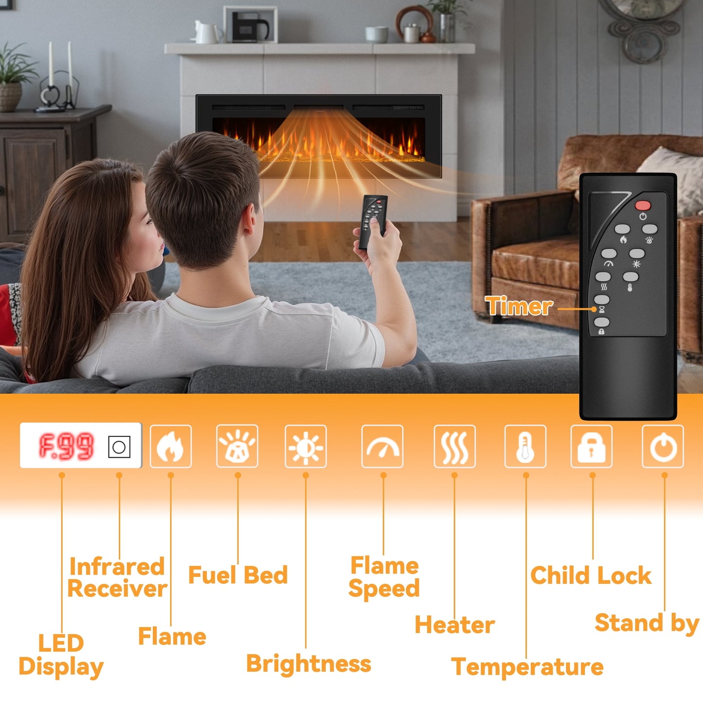 50-inch wall-mounted electric fireplace with multi-color flame, timer, low noise, touch screen and remote control