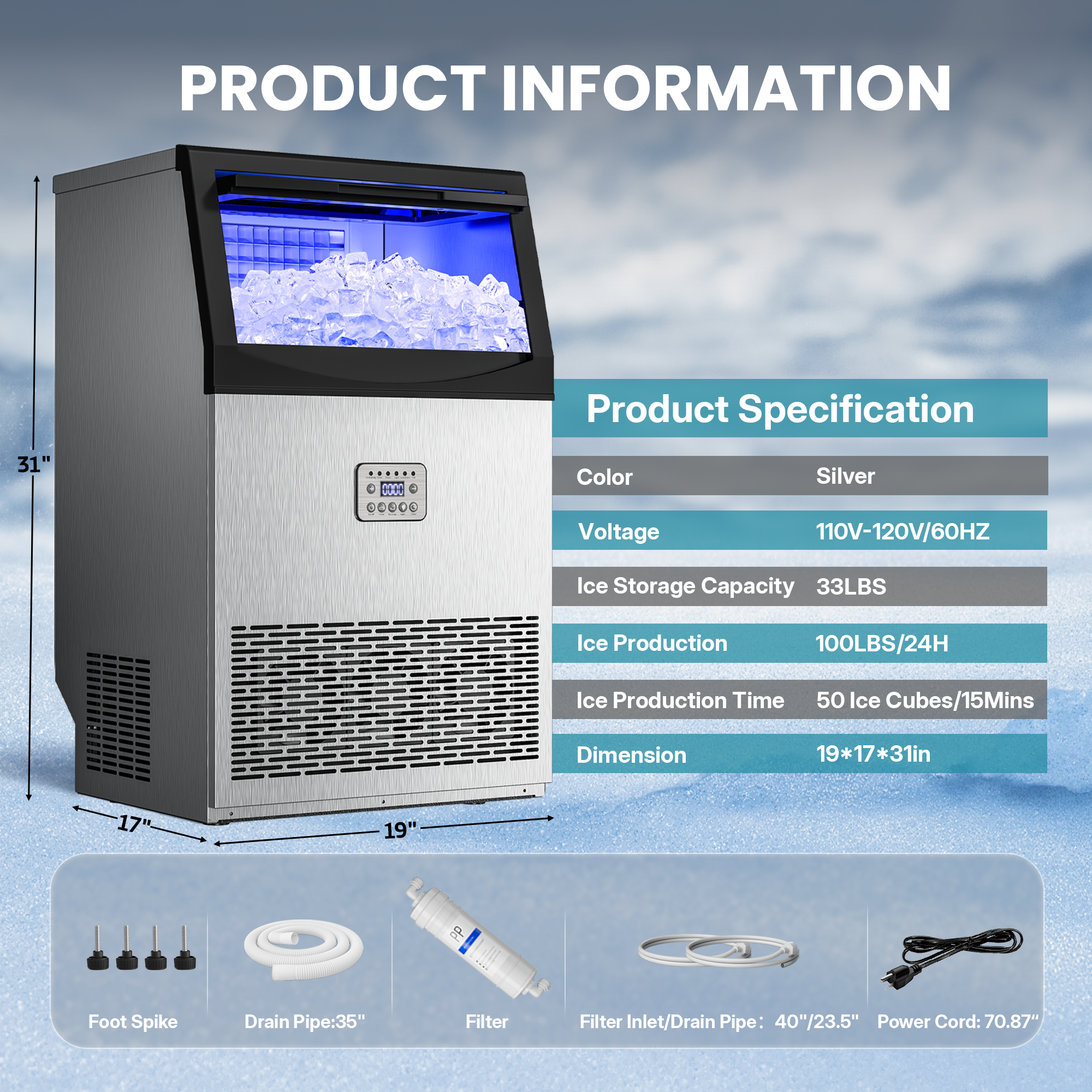 Manastin Commercial Ice Maker, 100lbs/24H Large Ice Machine with 33lbs Storage Capacity, Under Counter Ice Maker with Water Filter, for Home & Bar, Self-Cleaning, Timer, 50 Ice Cubes/15 Mins