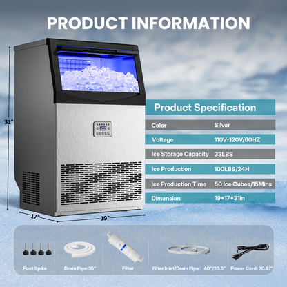 Manastin Commercial Ice Maker, 100lbs/24H Large Ice Machine with 33lbs Storage Capacity, Under Counter Ice Maker with Water Filter, for Home & Bar, Self-Cleaning, Timer, 50 Ice Cubes/15 Mins