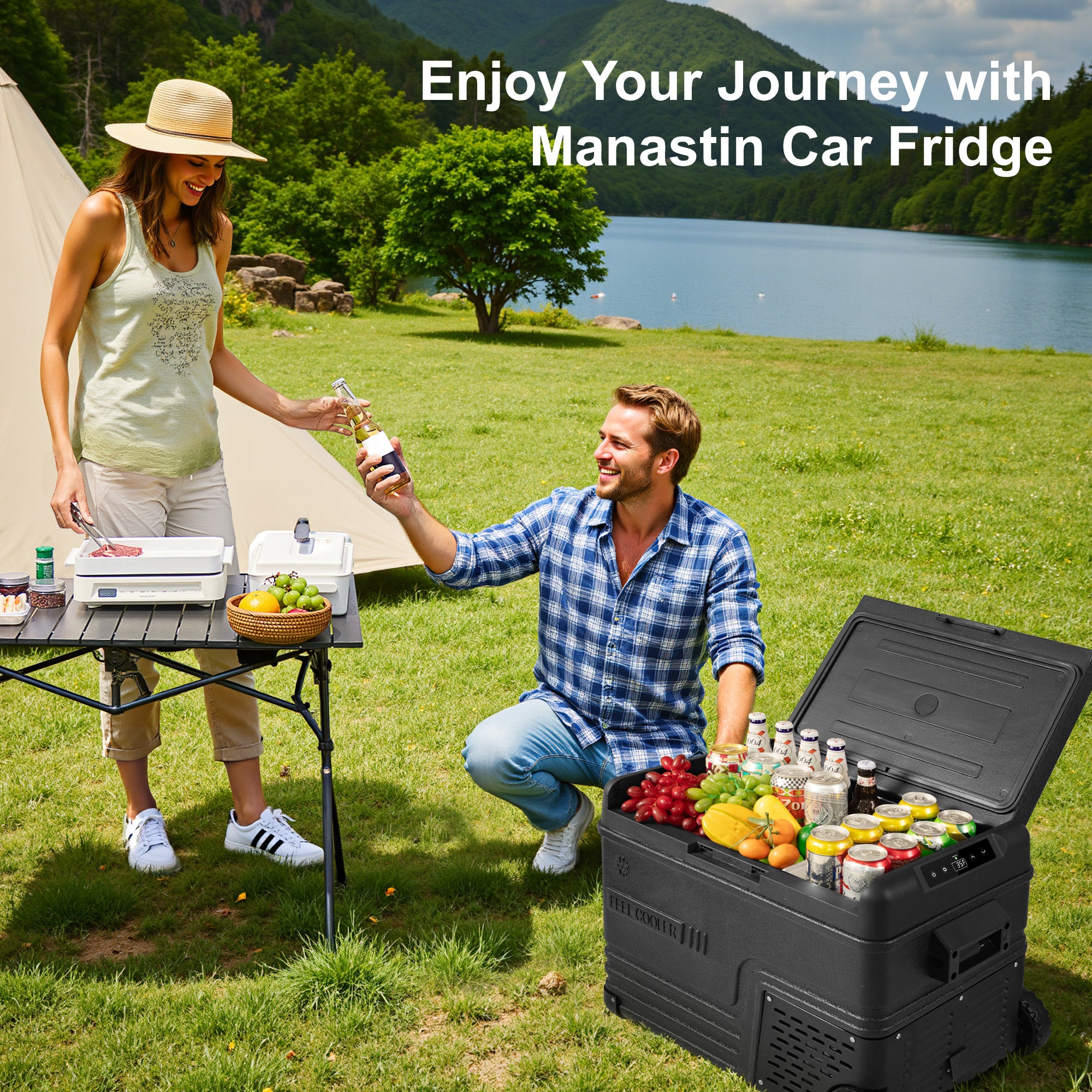 Manastin 12V Car Refrigerator, Portable Freezer (12/24V DC & 110~240V AC), -4℉ to 50℉, 37QT (35L) Truck Fridge with Wheels, Baskets & Shelf for RV, Van, Camping, Travel, and Road Trips(Black)