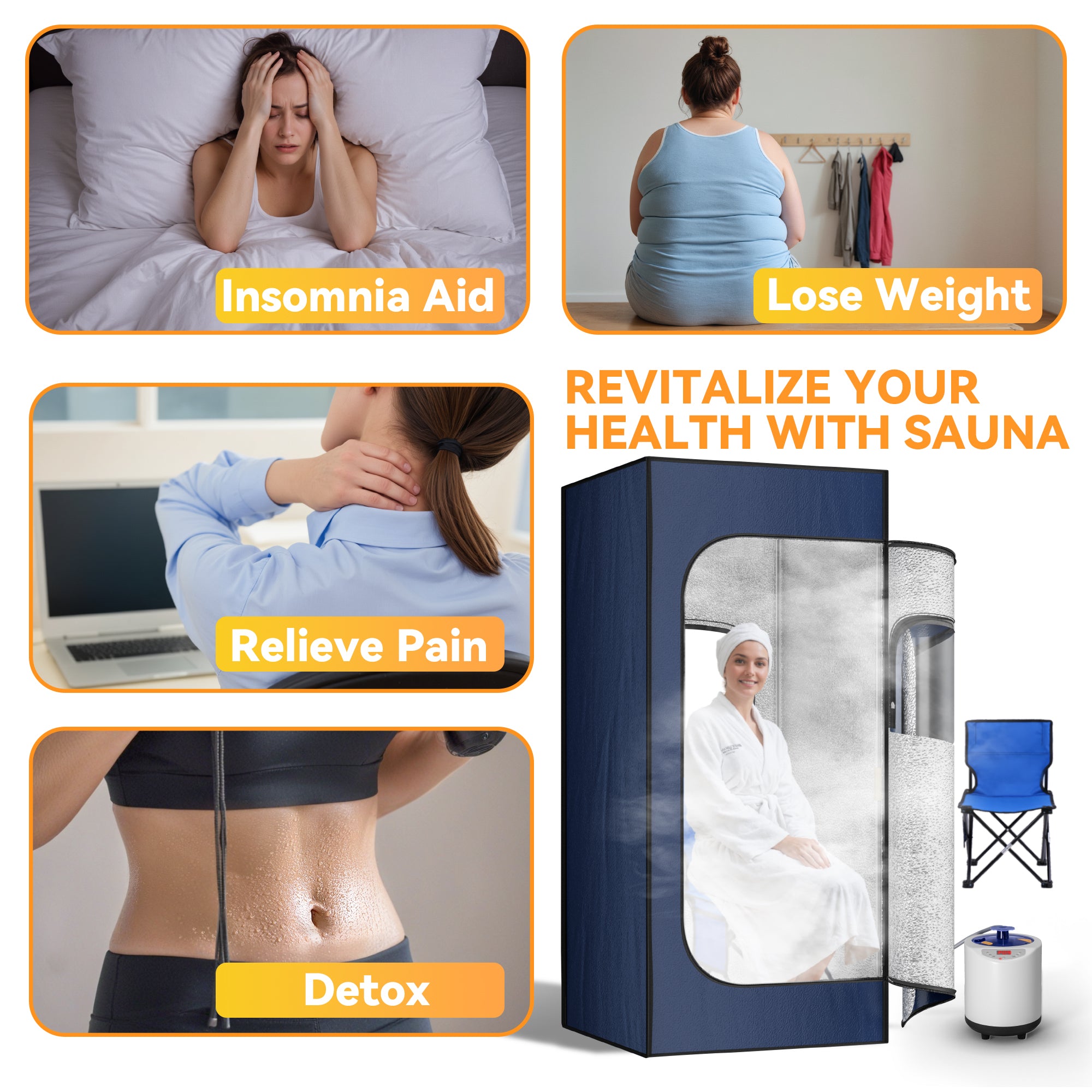 Portable Steam Sauna, 15 Levels of Foldable Sauna for Home, Sauna Box with 1200w 3L Steamer, Personal Sauna with Remote Control and Folding Chair, (Oxford Cloth, Navy Blue)